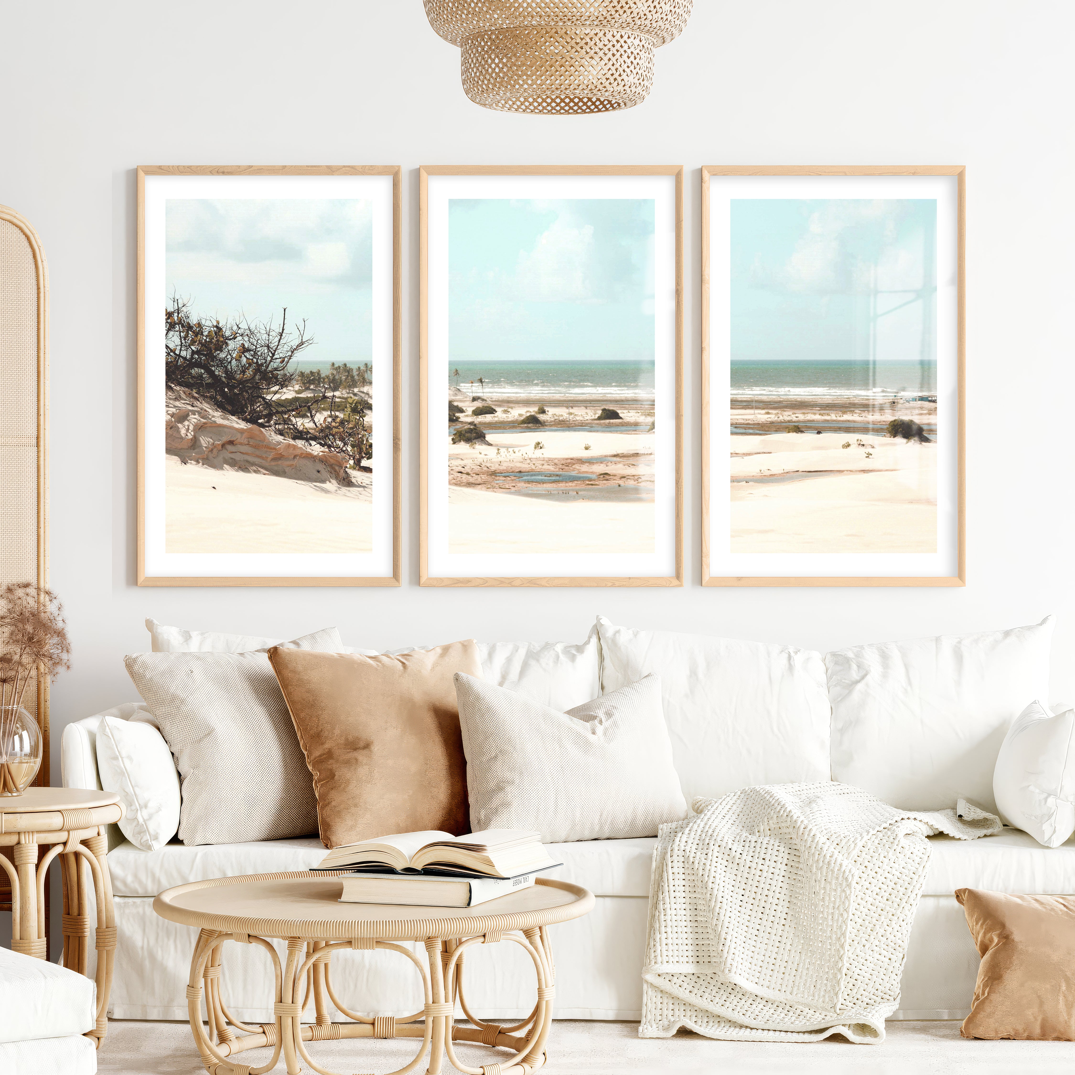 Dune Coast nautical beach wall art with Palm Lagoon- Natural Wood Framed Poster with White Border - Artworksets
