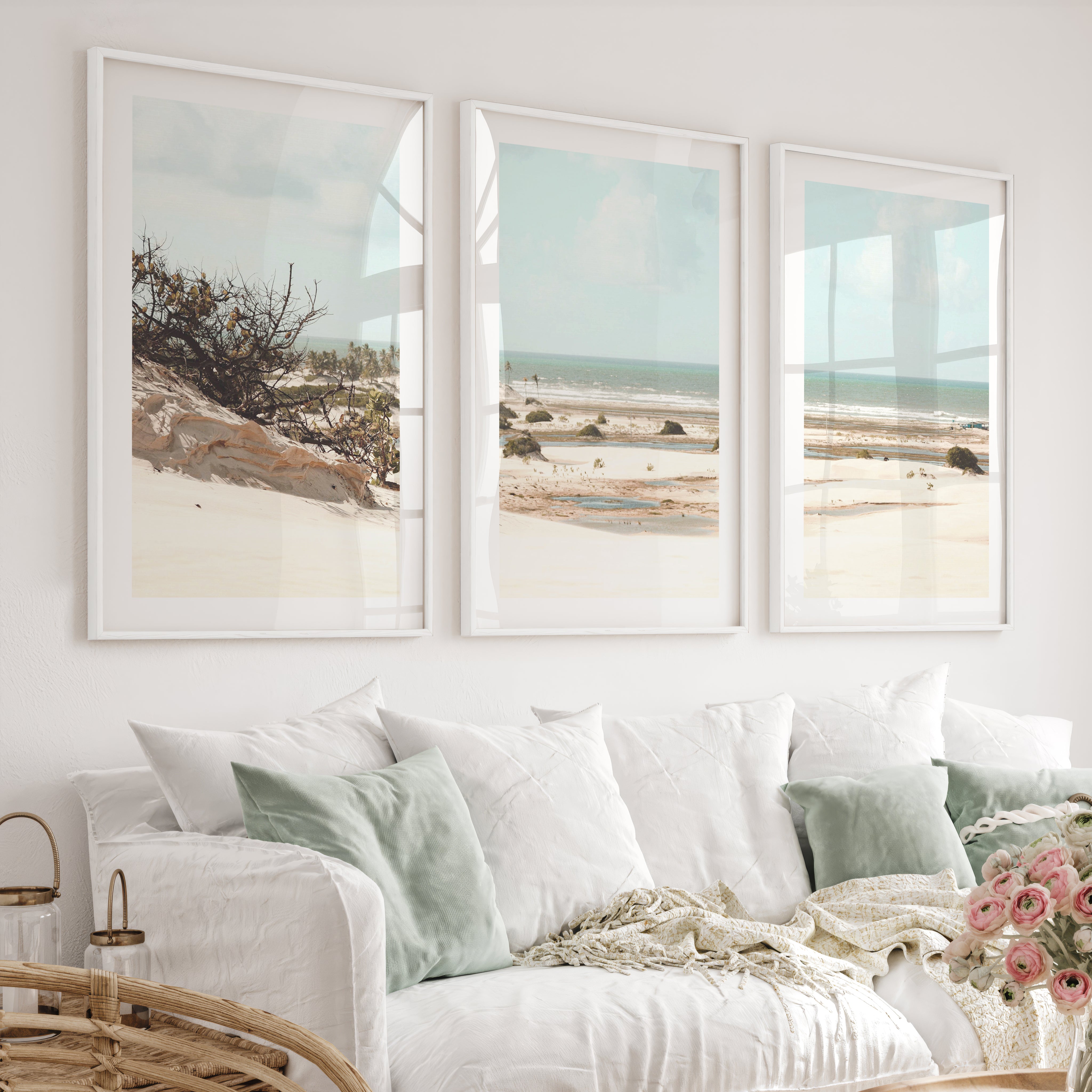 Dune Coast nautical beach wall art with Palm Lagoon - White Framed Poster with White Border - Artworksets