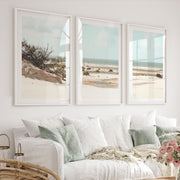 Dune Coast nautical beach wall art with Palm Lagoon - White Framed Poster with White Border - Artworksets