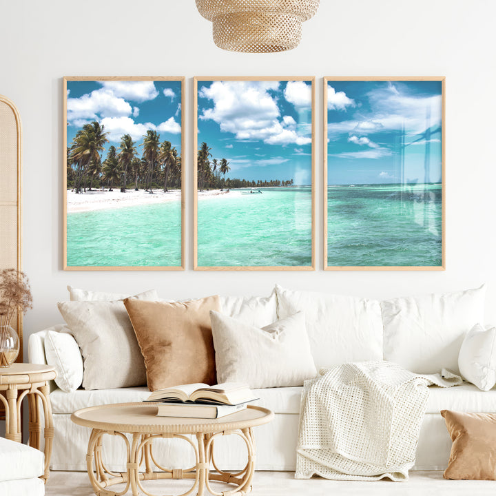 Palm Shore Nautical Beach Wall Art - Natural Wood Framed Poster No Border - Artworksets