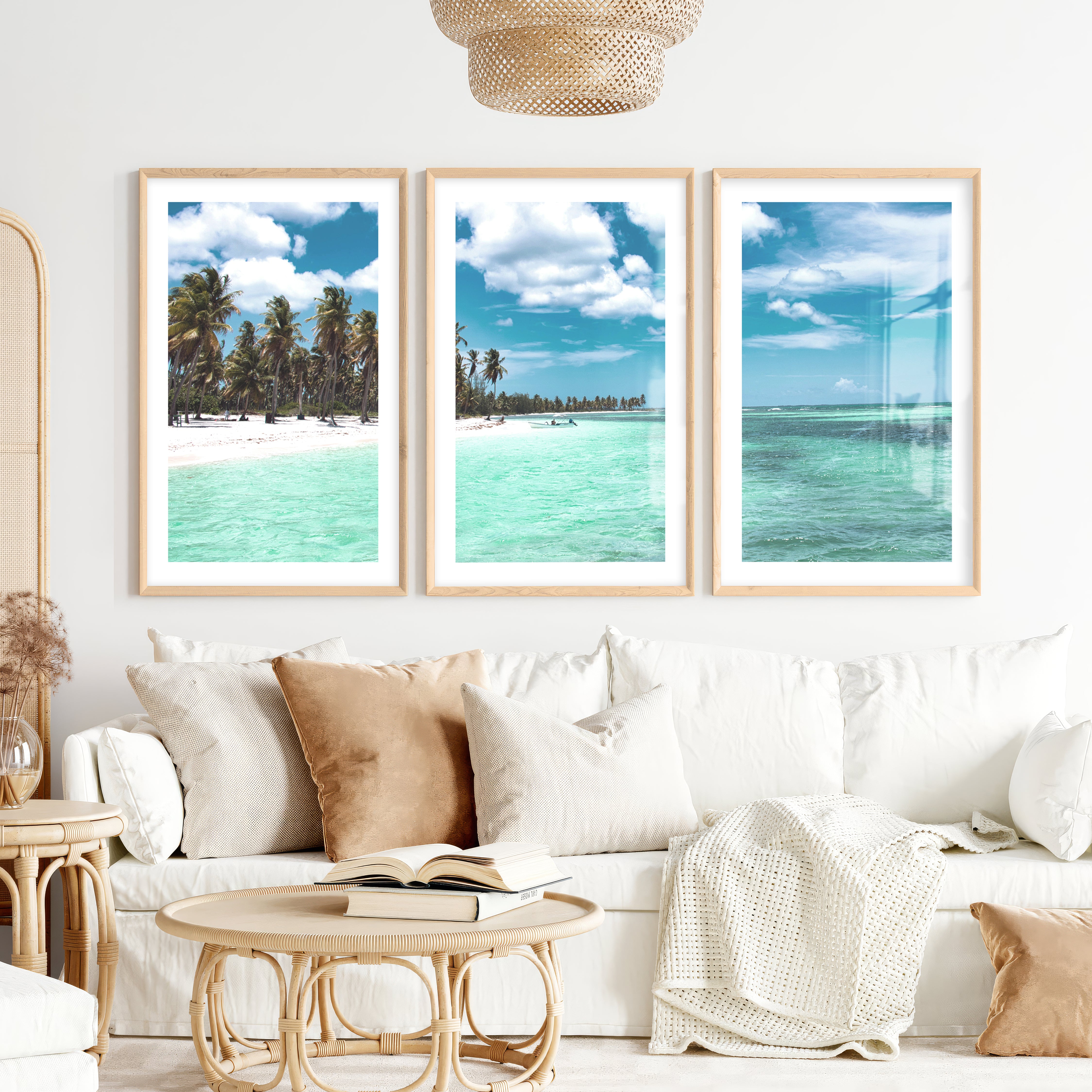 Palm Shore Nautical Beach Wall Art- Natural Wood Framed Poster with White Border - Artworksets