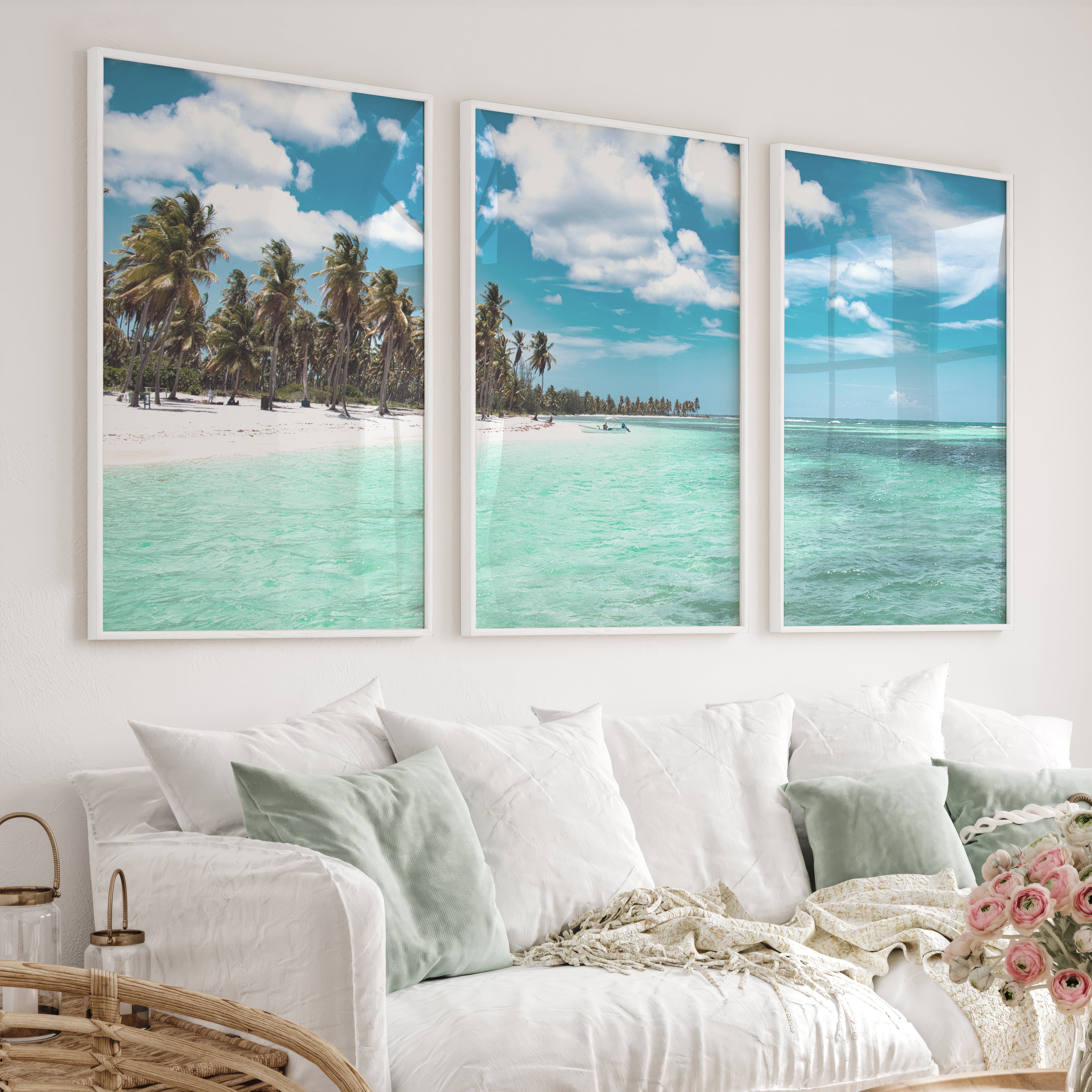 Palm Shore Nautical Beach Wall Art - White Framed Poster No Border - Artworksets