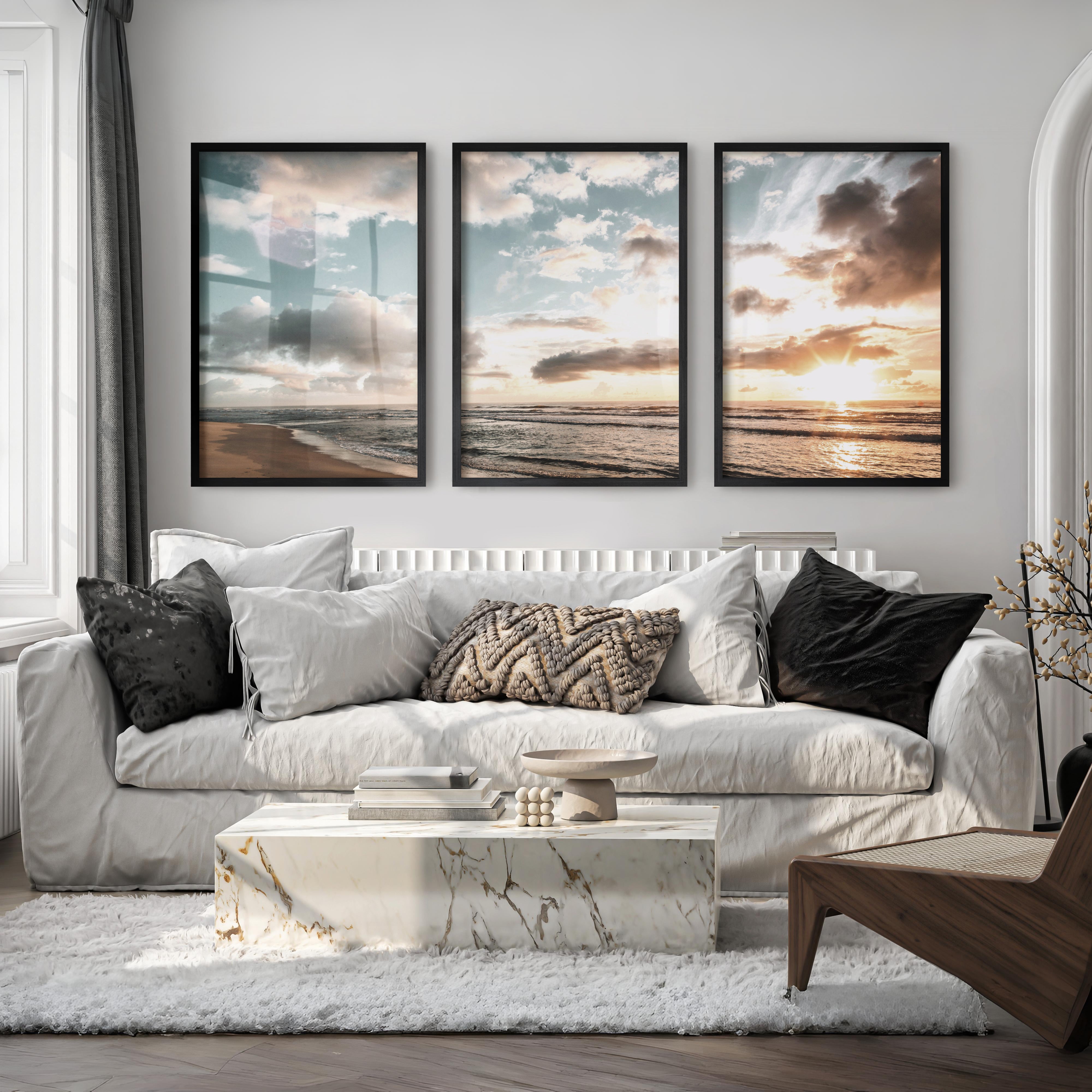 Golden Beach Sunset Nautical Coastal Wall Art - Black Framed Poster No Border - Artworksets