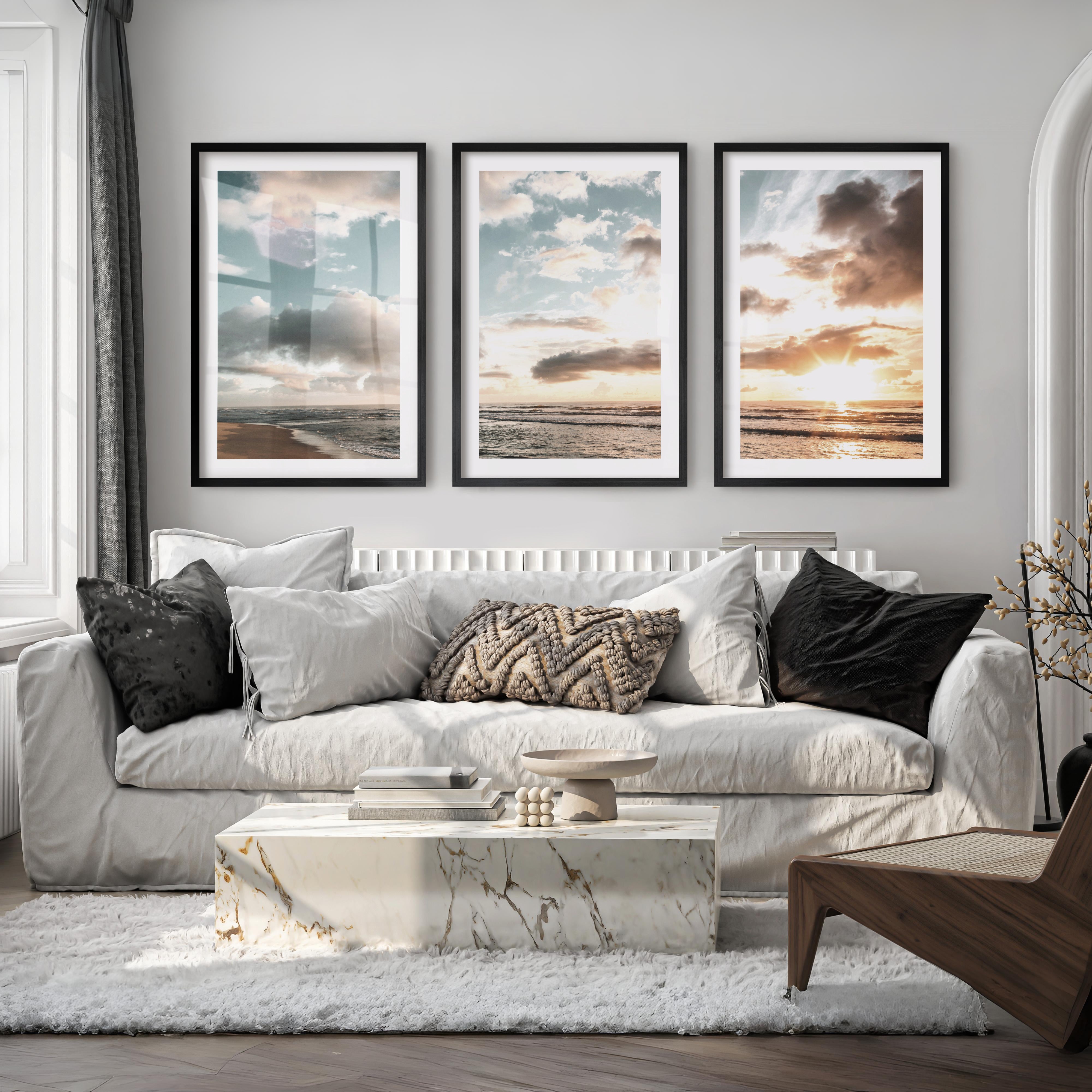 Golden Beach Sunset Nautical Coastal Wall Art - Black Framed Poster with White Border - Artworksets