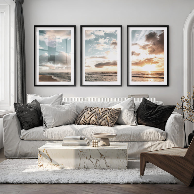 Golden Beach Sunset Nautical Coastal Wall Art - Black Framed Poster with White Border - Artworksets