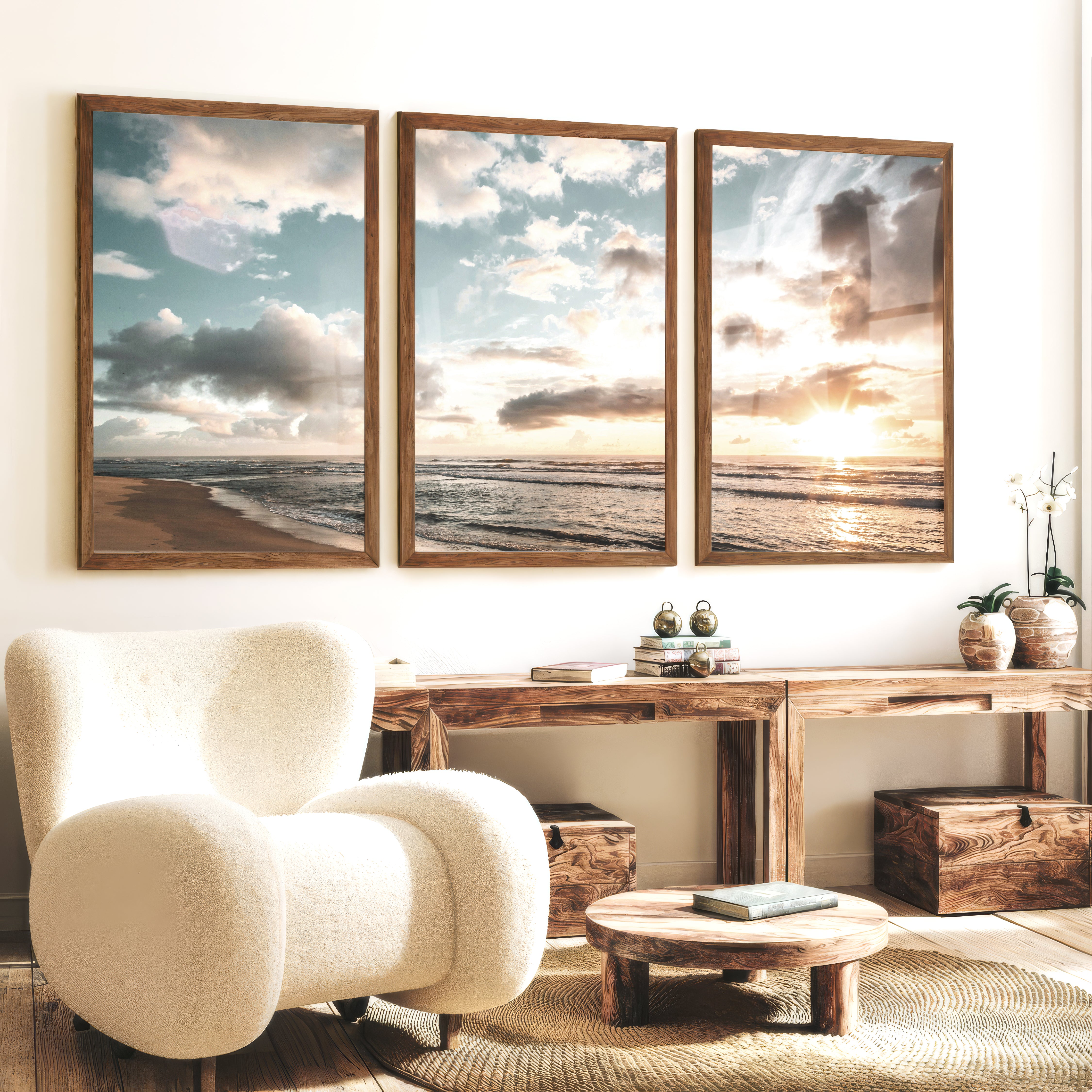 Golden Beach Sunset Nautical Coastal Wall Art - Dark Brown Framed Poster No Border - Artworksets