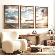 Golden Beach Sunset Nautical Coastal Wall Art - Dark Brown Framed Poster No Border - Artworksets