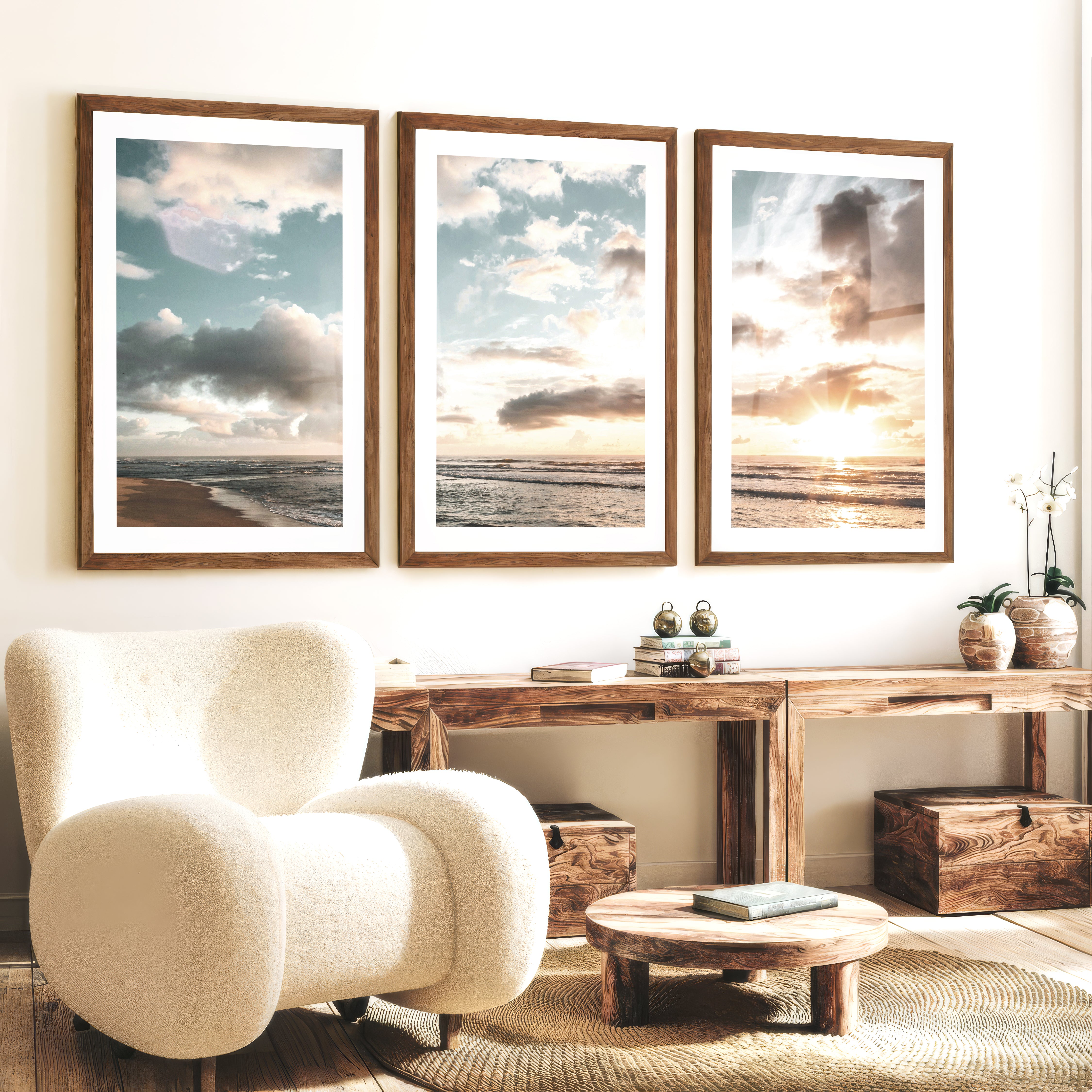 Golden Beach Sunset Nautical Coastal Wall Art - Dark Brown Framed Poster with White Border - Artworksets
