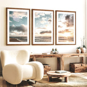 Golden Beach Sunset Nautical Coastal Wall Art - Dark Brown Framed Poster with White Border - Artworksets