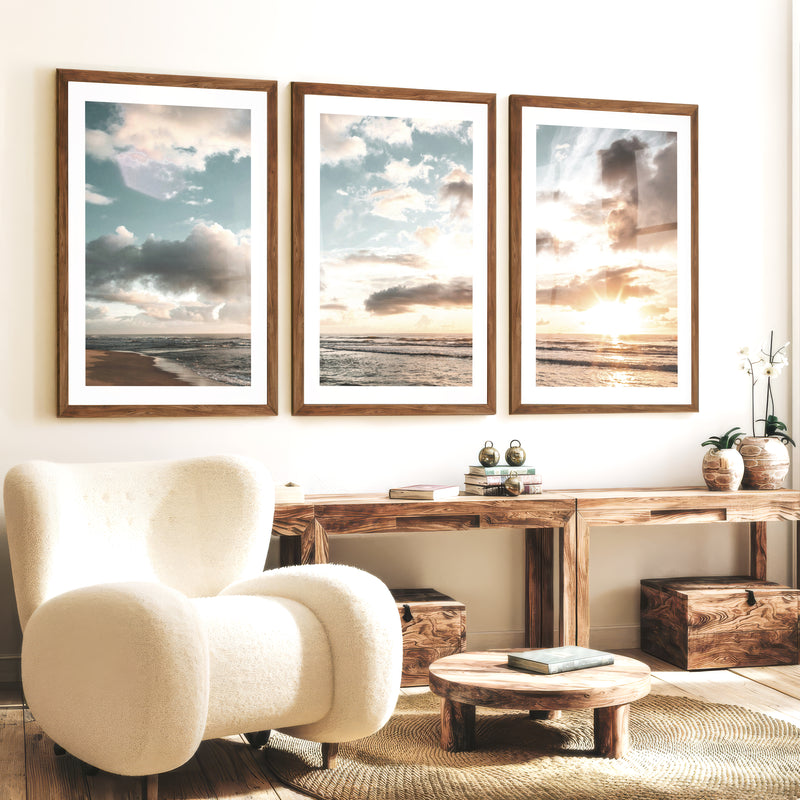 Golden Beach Sunset Nautical Coastal Wall Art - Dark Brown Framed Poster with White Border - Artworksets
