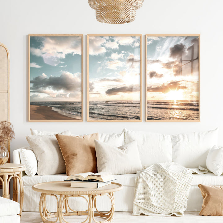 Golden Beach Sunset Nautical Coastal Wall Art - Natural Wood Framed Poster No Border - Artworksets