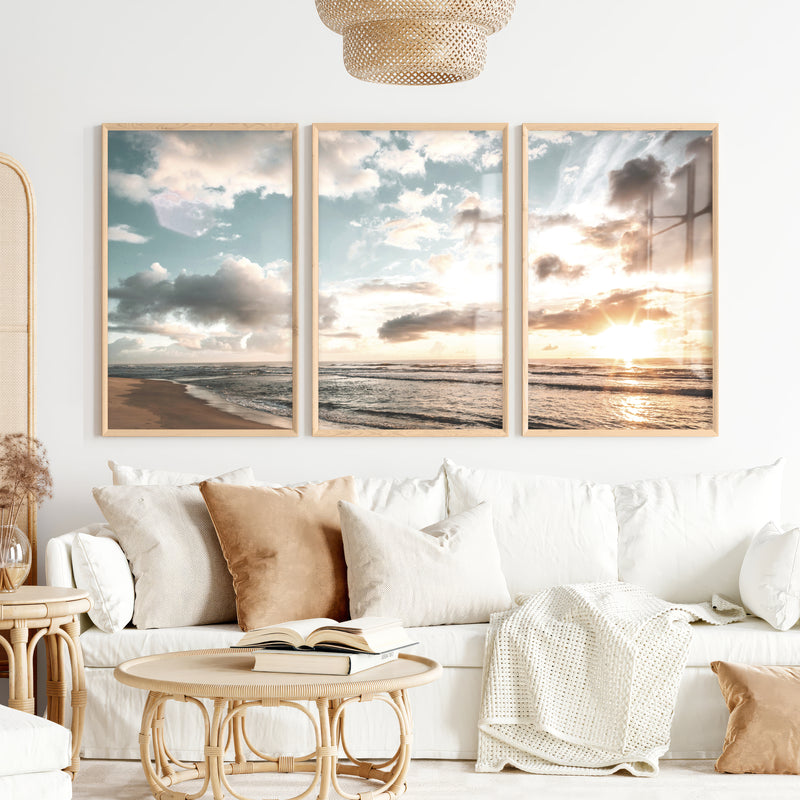 Golden Beach Sunset Nautical Coastal Wall Art - Natural Wood Framed Poster No Border - Artworksets