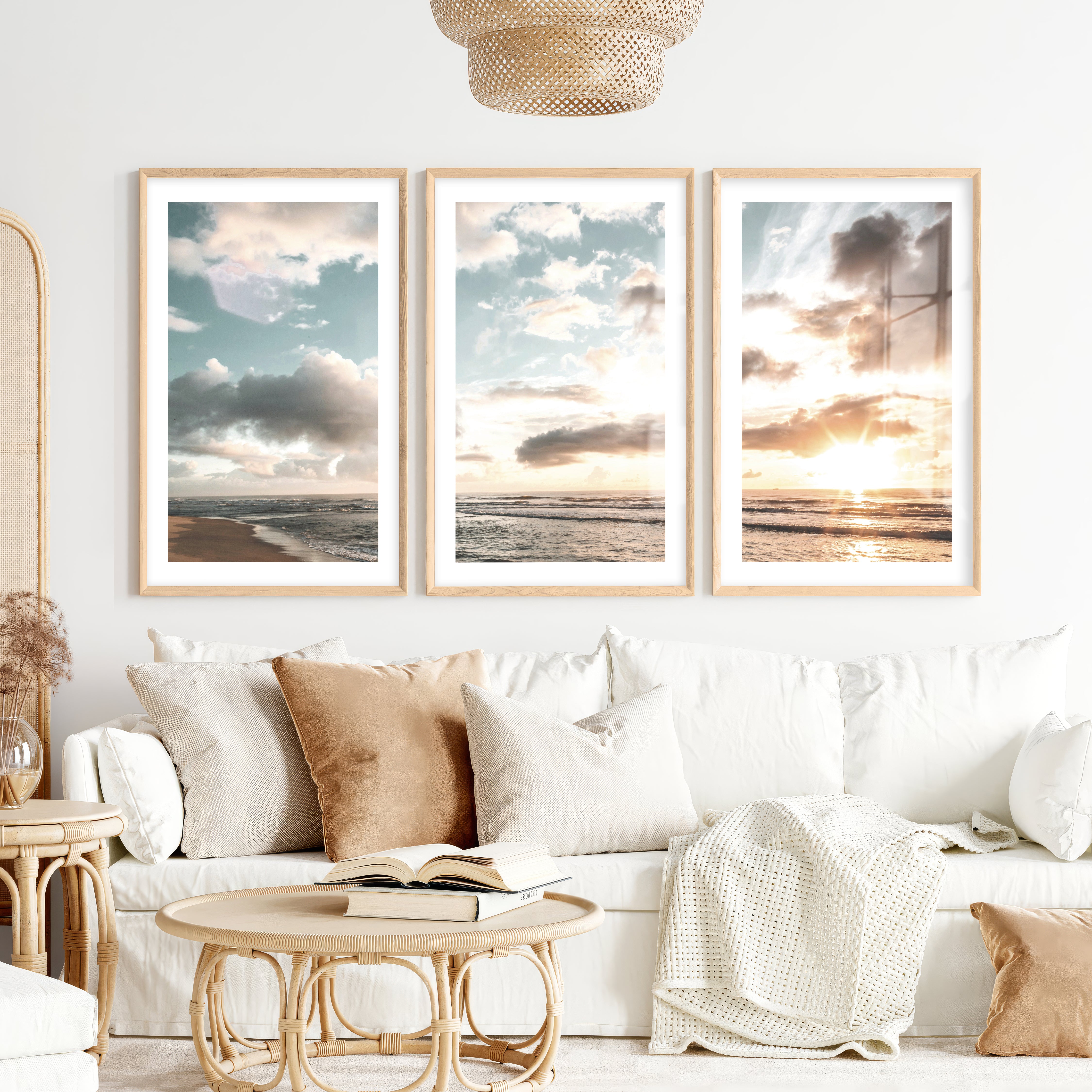 Golden Beach Sunset Nautical Coastal Wall Art- Natural Wood Framed Poster with White Border - Artworksets