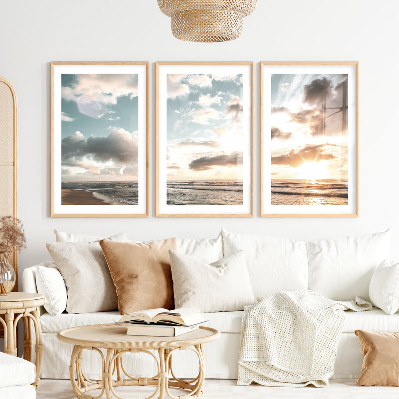 Golden Beach Sunset Nautical Coastal Wall Art- Natural Wood Framed Poster with White Border - Artworksets
