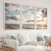 Golden Beach Sunset Nautical Coastal Wall Art - White Framed Poster No Border - Artworksets
