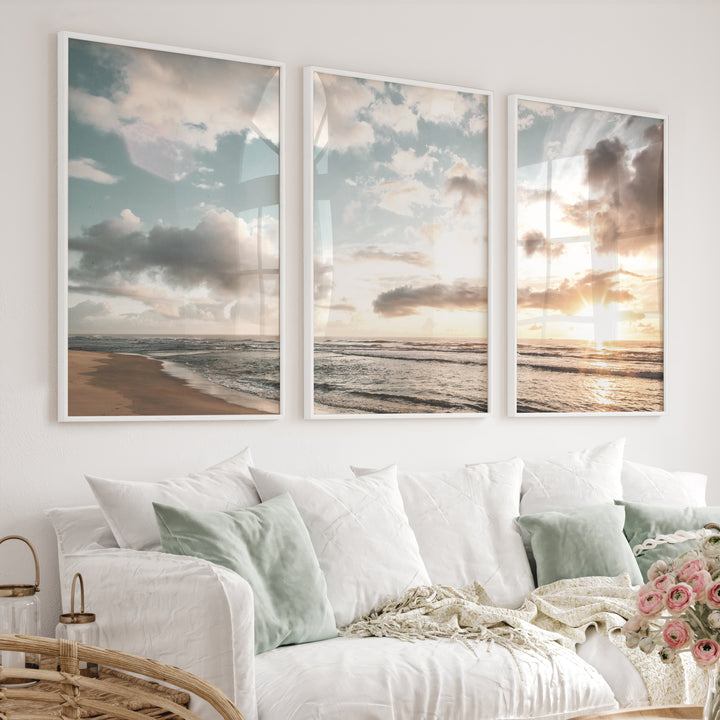 Golden Beach Sunset Nautical Coastal Wall Art - White Framed Poster No Border - Artworksets