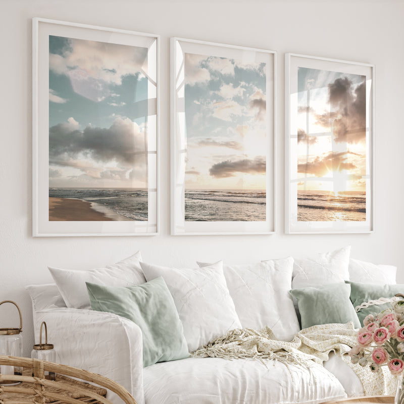 Golden Beach Sunset Nautical Coastal Wall Art - White Framed Poster with White Border - Artworksets