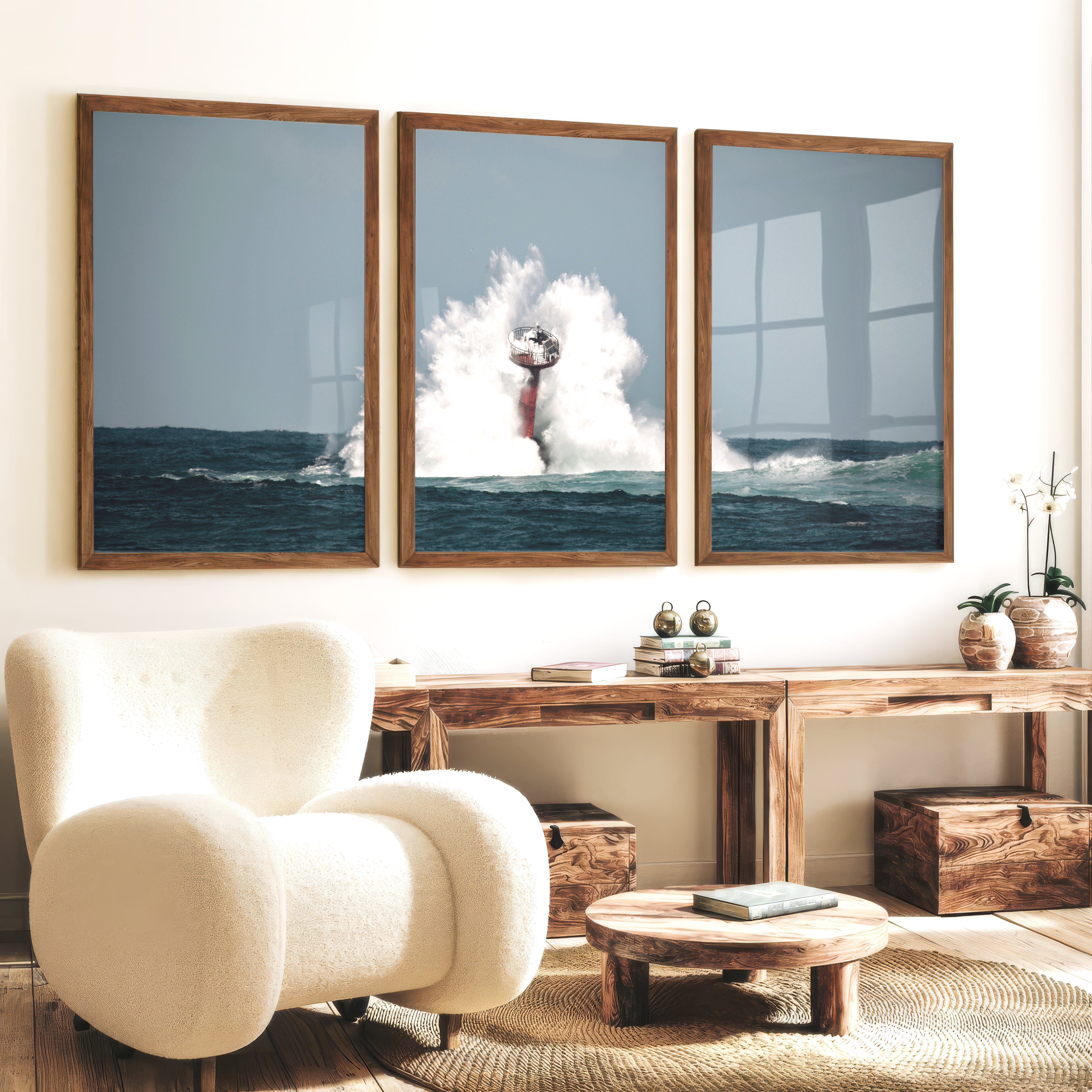 Ocean Beacon Nautical Framed Wall Art - Dark Brown Framed Poster No Border - Artworksets