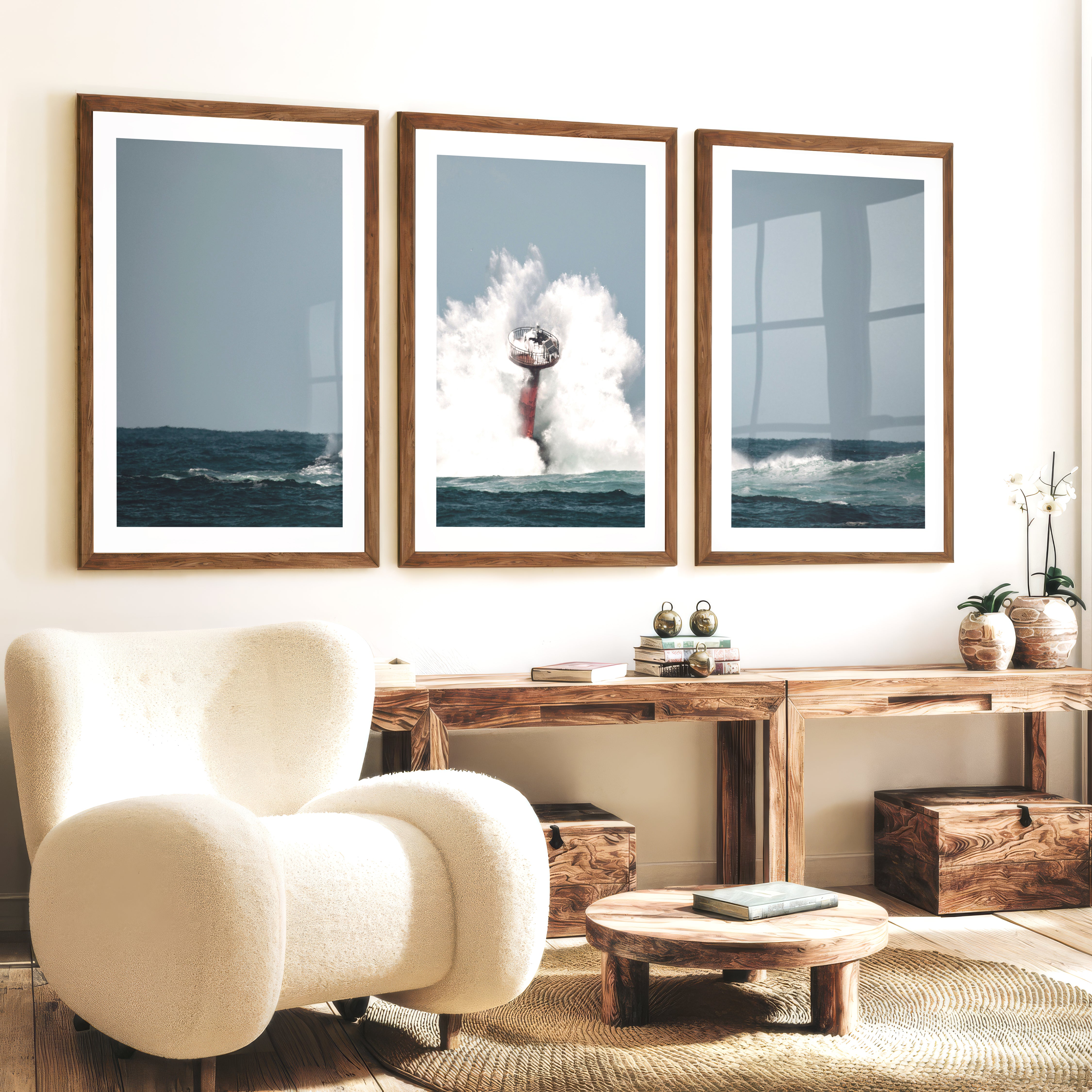 Ocean Beacon Nautical Framed Wall Art - Dark Brown Framed Poster with White Border - Artworksets