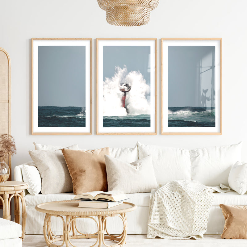 Ocean Beacon Nautical Framed Wall Art- Natural Wood Framed Poster with White Border - Artworksets