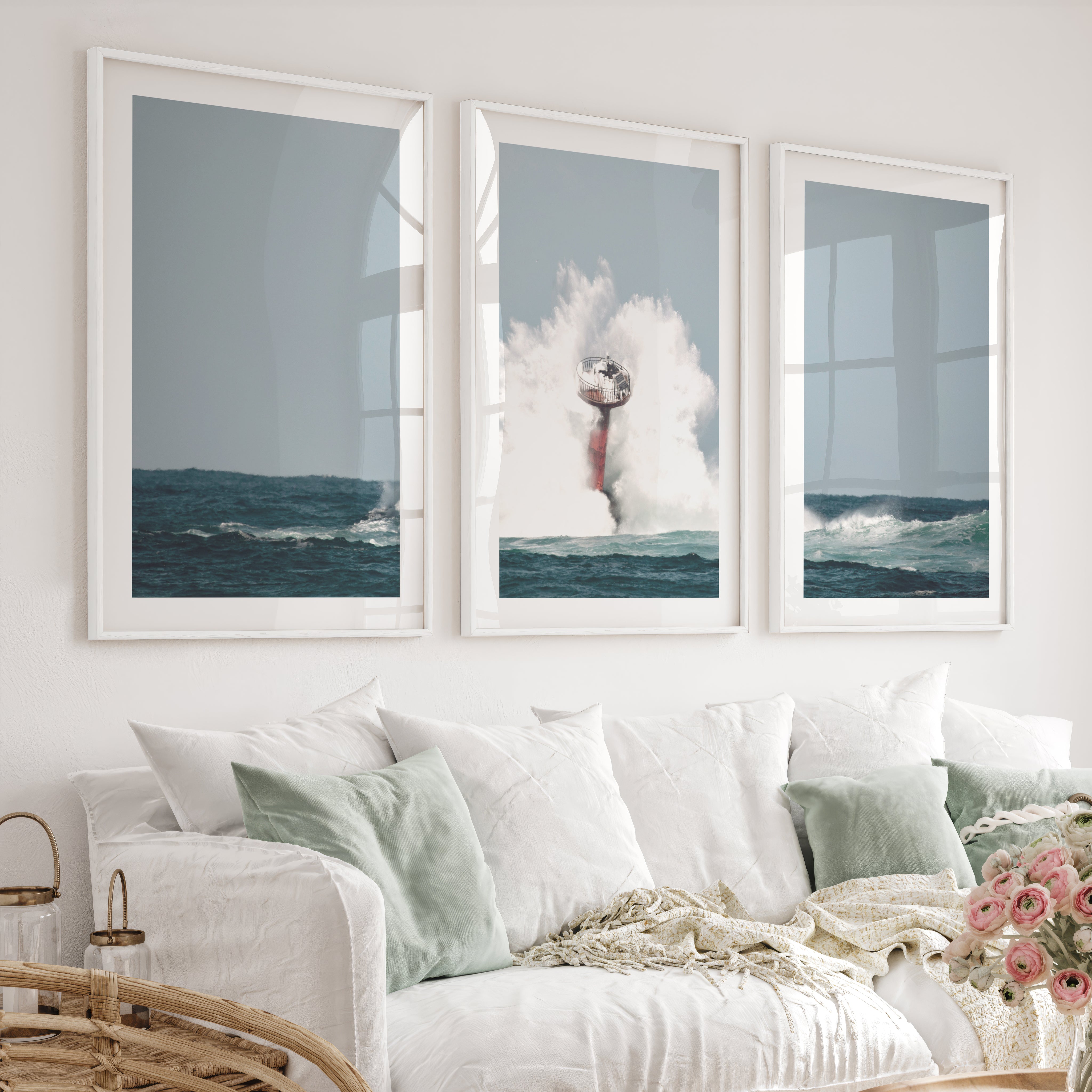 Ocean Beacon Nautical Framed Wall Art - White Framed Poster with White Border - Artworksets