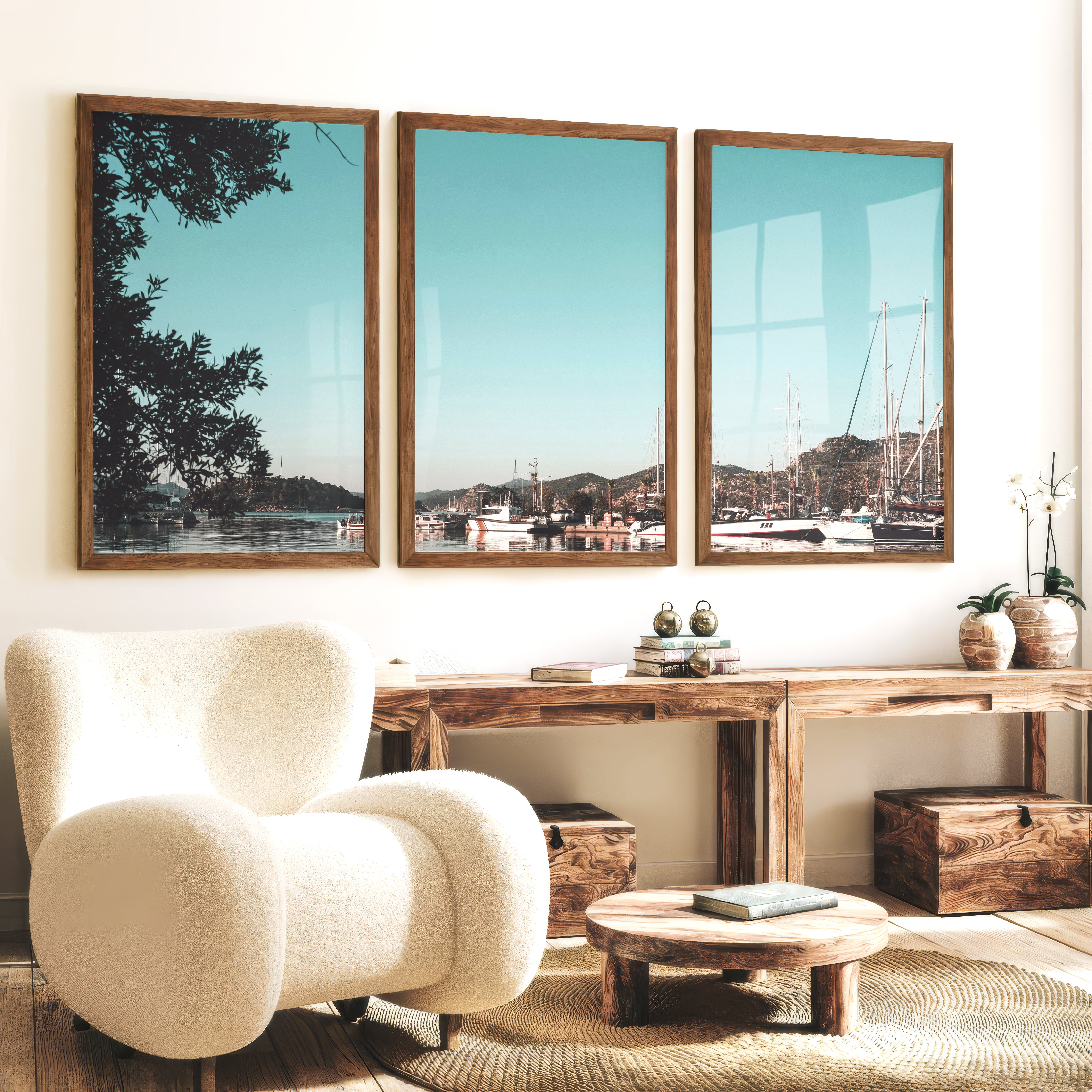 Marina Sailboats Nautical Themed Wall Decor - Dark Brown Framed Poster No Border - Artworksets