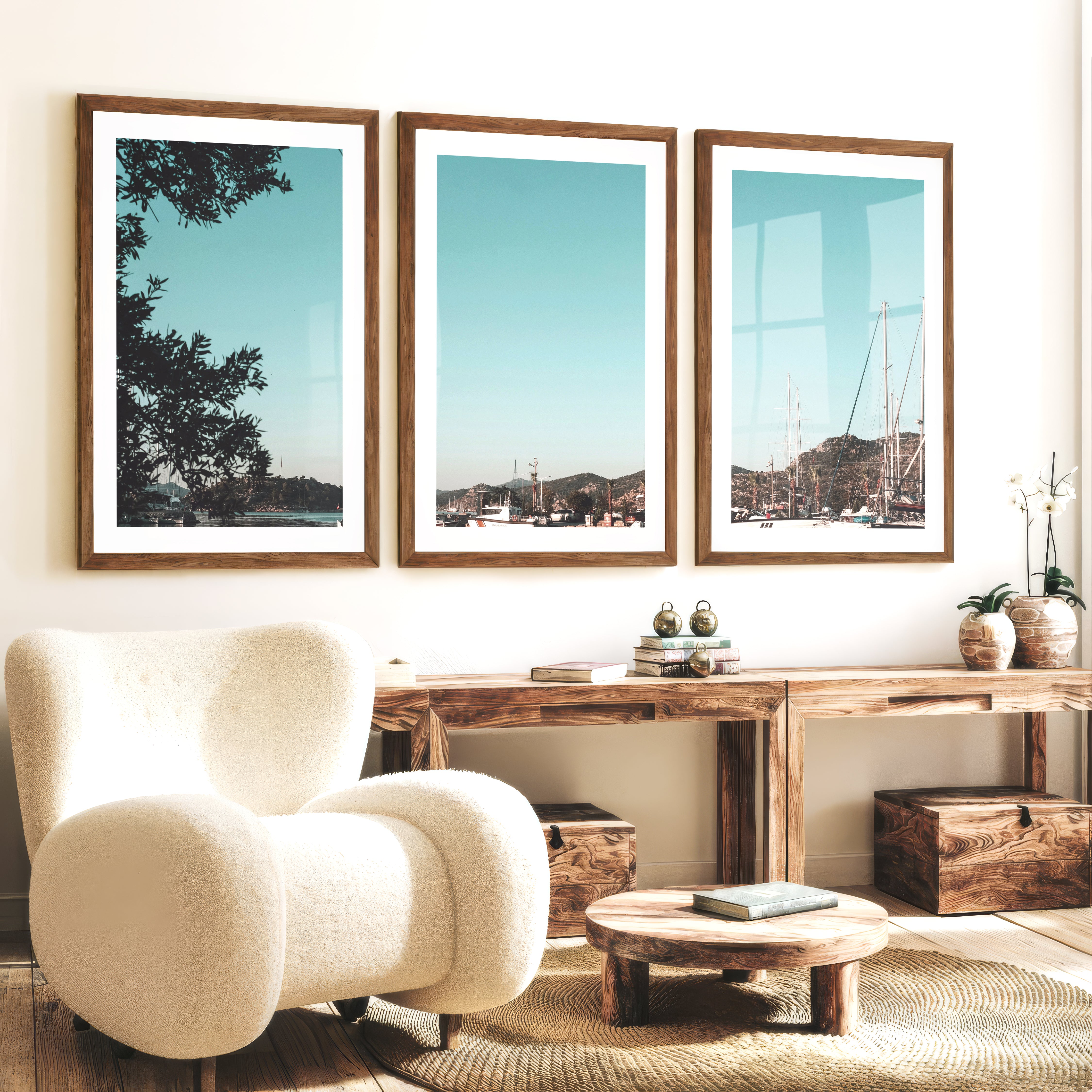 Marina Sailboats Nautical Themed Wall Decor - Dark Brown Framed Poster with White Border - Artworksets