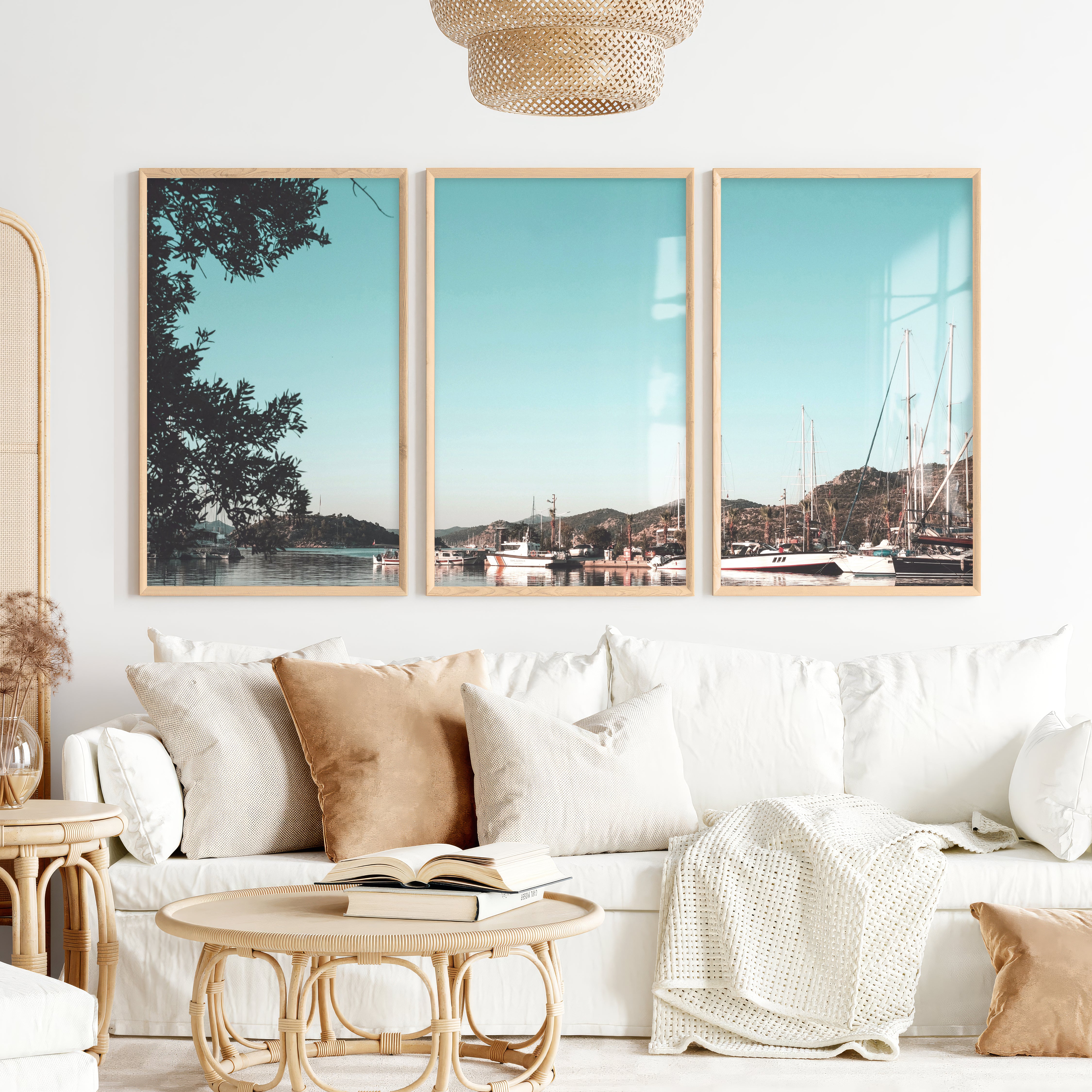 Marina Sailboats Nautical Themed Wall Decor - Natural Wood Framed Poster No Border - Artworksets