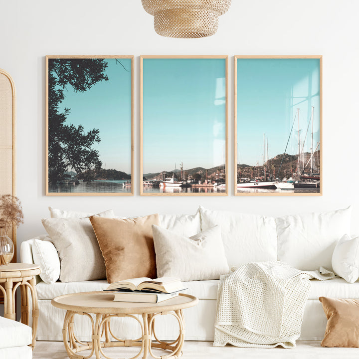 Marina Sailboats Nautical Themed Wall Decor - Natural Wood Framed Poster No Border - Artworksets