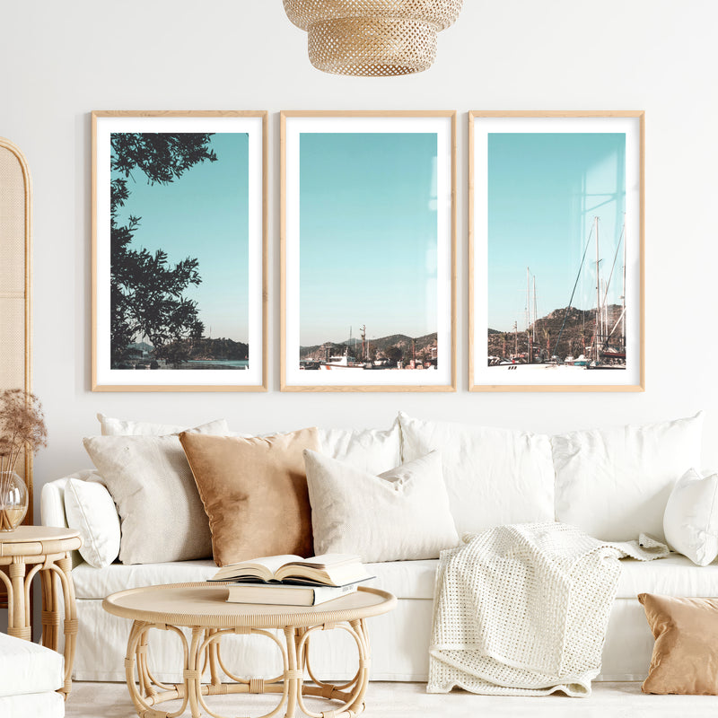Marina Sailboats Nautical Themed Wall Decor- Natural Wood Framed Poster with White Border - Artworksets