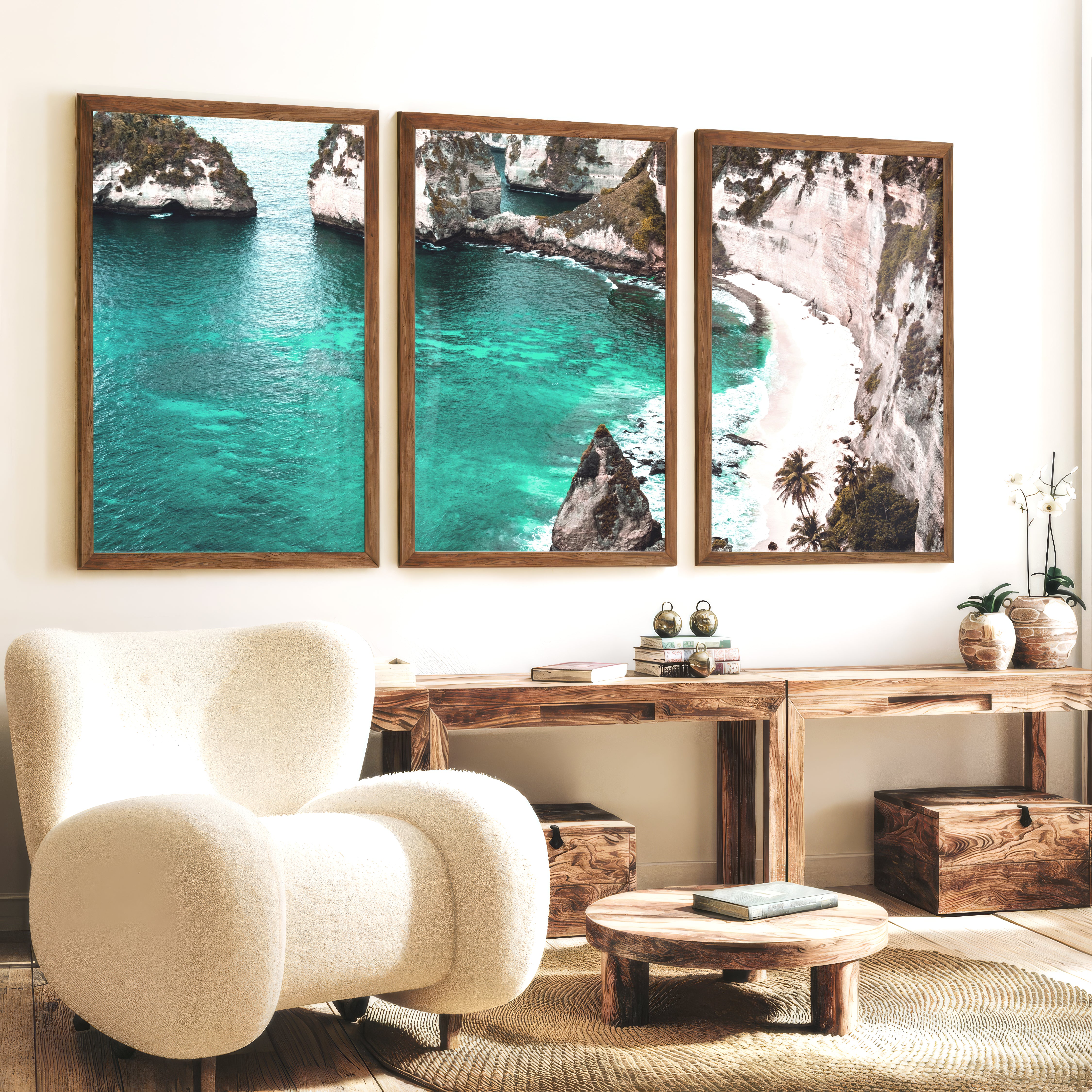 Tropical Cliff Cove Nautical Themed Wall Decor - Dark Brown Framed Poster No Border - Artworksets