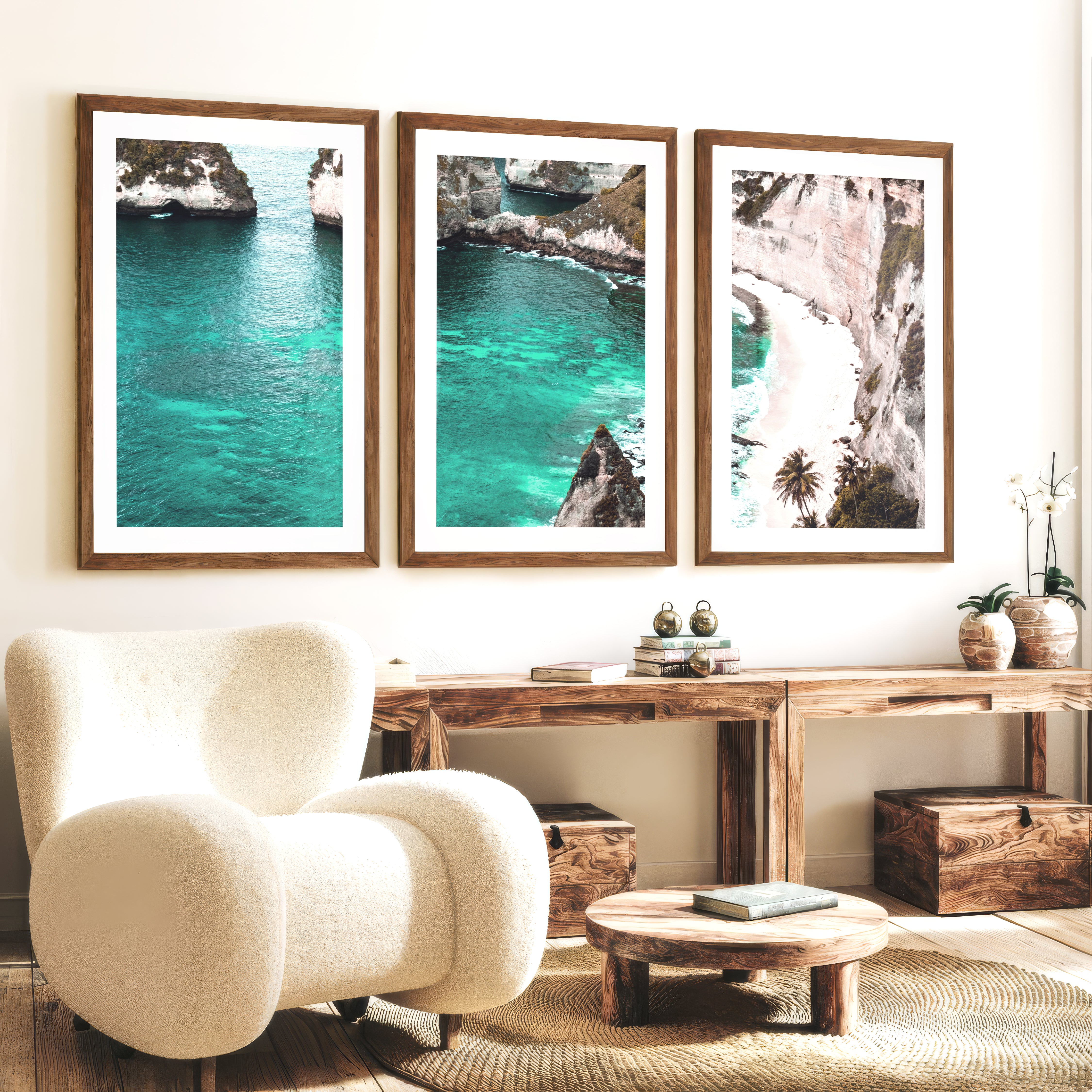 Tropical Cliff Cove Nautical Themed Wall Decor - Dark Brown Framed Poster with White Border - Artworksets