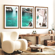 Tropical Cliff Cove Nautical Themed Wall Decor - Dark Brown Framed Poster with White Border - Artworksets