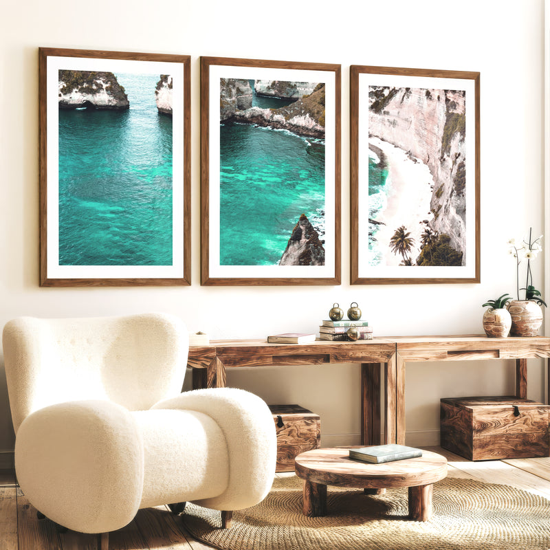Tropical Cliff Cove Nautical Themed Wall Decor - Dark Brown Framed Poster with White Border - Artworksets