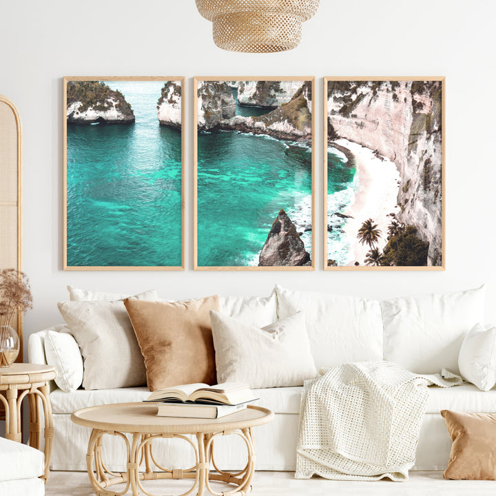 Tropical Cliff Cove Nautical Themed Wall Decor - Natural Wood Framed Poster No Border - Artworksets