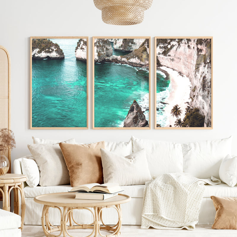 Tropical Cliff Cove Nautical Themed Wall Decor - Natural Wood Framed Poster No Border - Artworksets