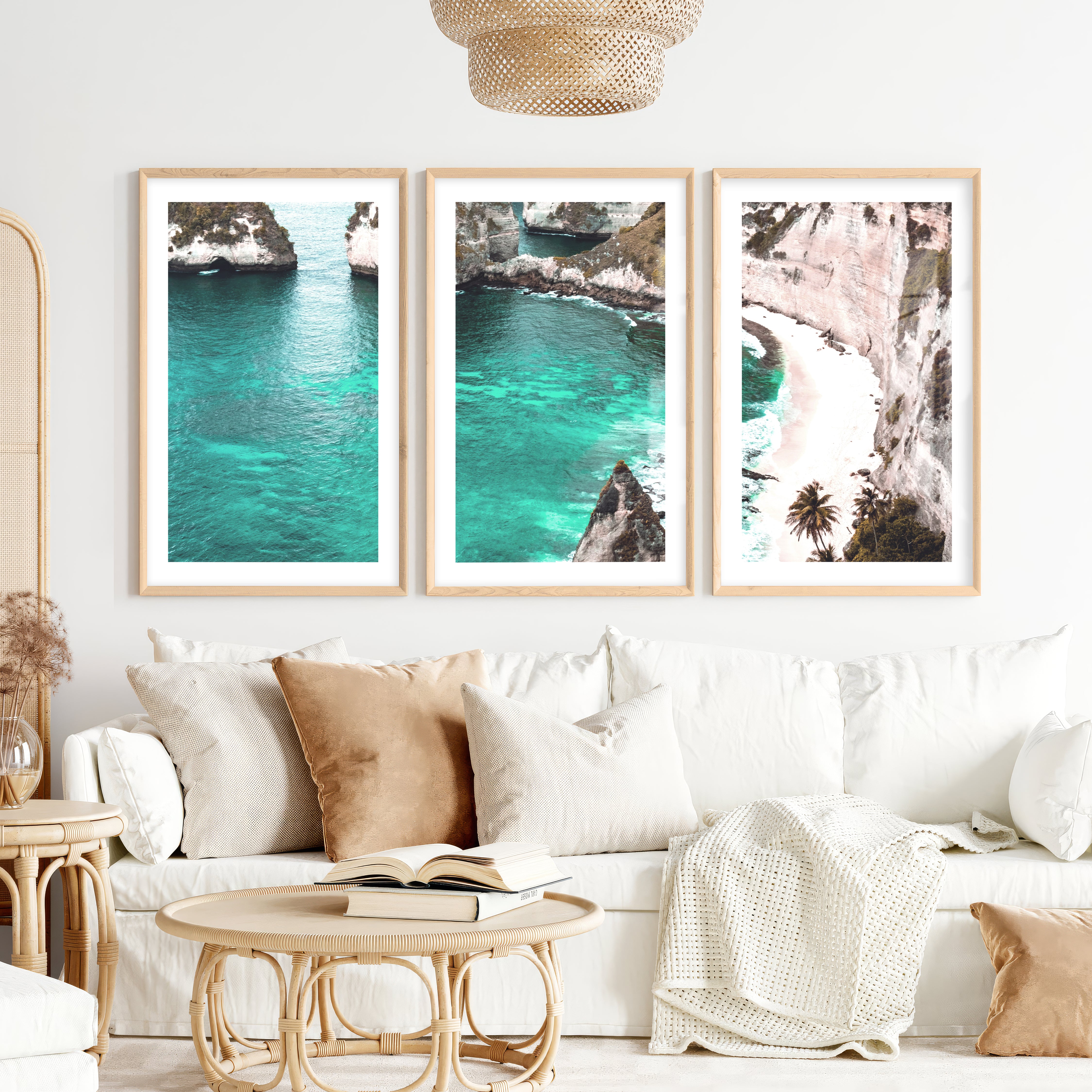 Tropical Cliff Cove Nautical Themed Wall Decor- Natural Wood Framed Poster with White Border - Artworksets