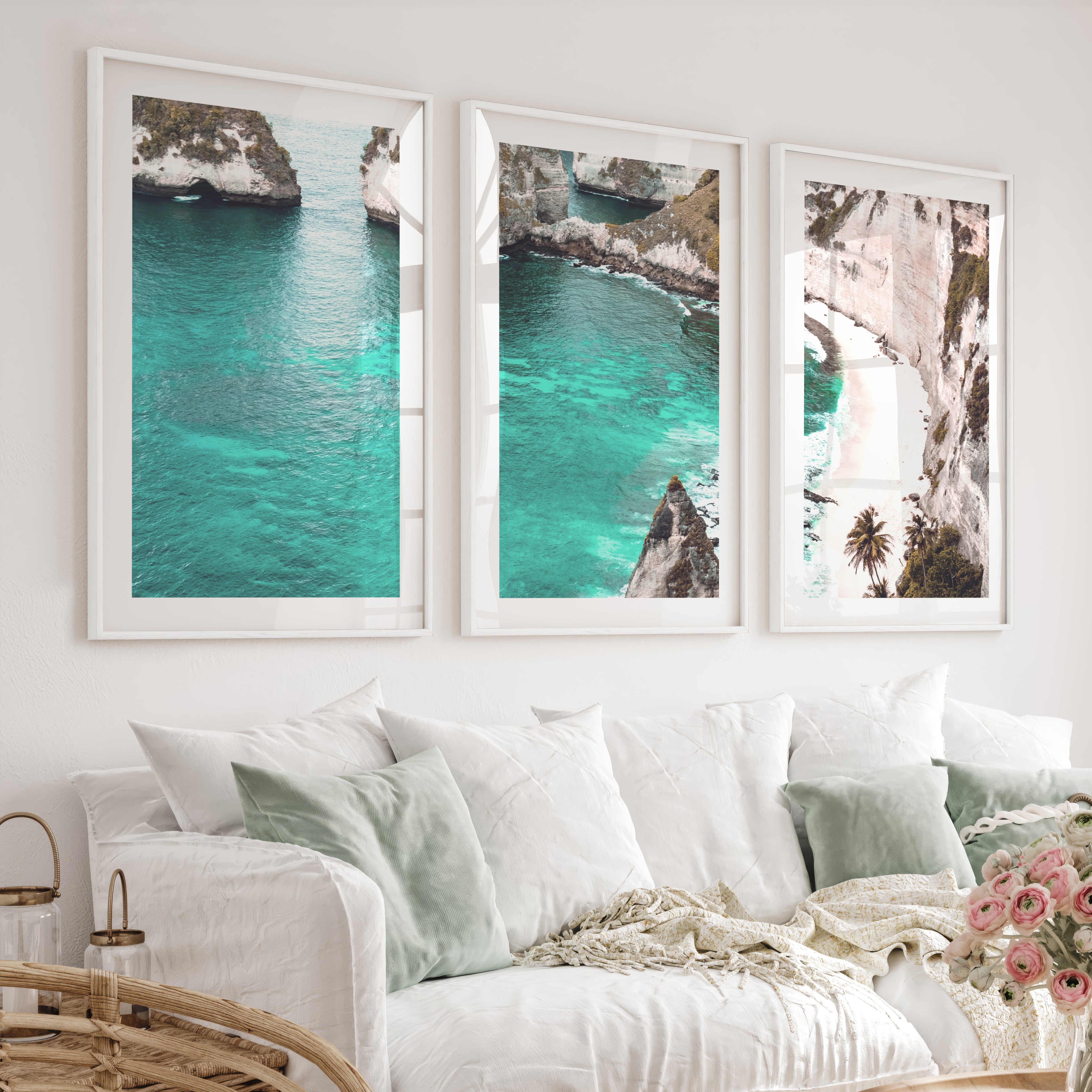 Tropical Cliff Cove Nautical Themed Wall Decor - White Framed Poster with White Border - Artworksets