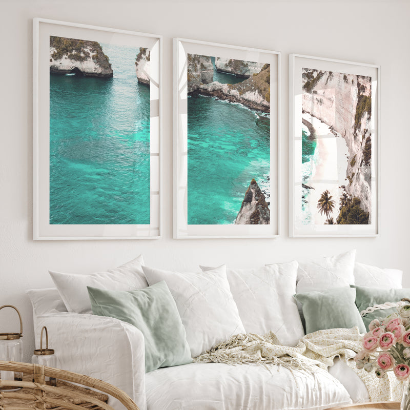 Tropical Cliff Cove Nautical Themed Wall Decor - White Framed Poster with White Border - Artworksets