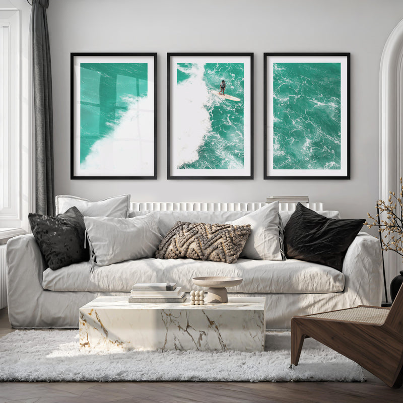 Turquoise Surf Break nautical wall accents - Black Framed Poster with White Border - Artworksets