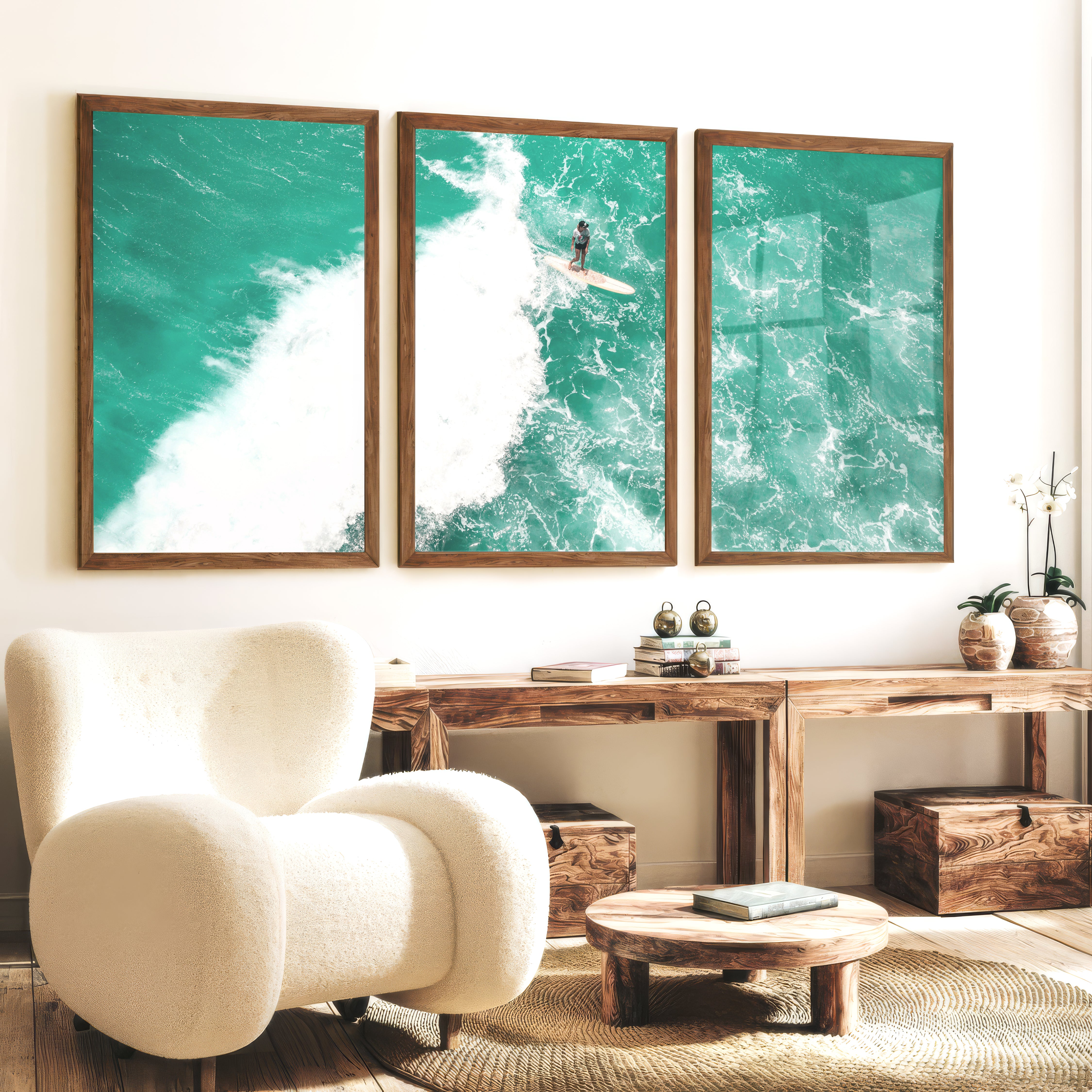 Turquoise Surf Break nautical wall accents - Dark Brown Framed Poster No Border - Artworksets