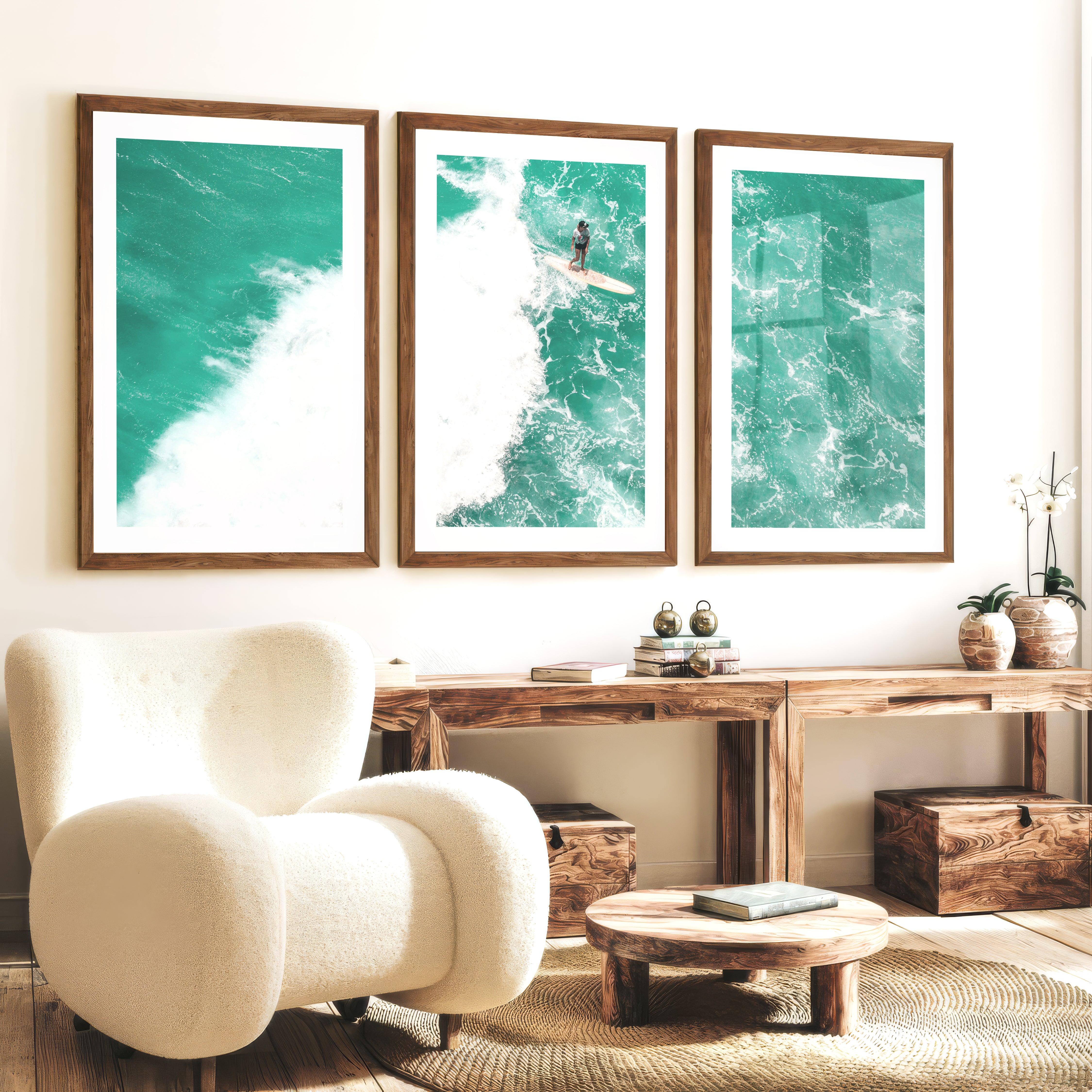 Turquoise Surf Break nautical wall accents - Dark Brown Framed Poster with White Border - Artworksets