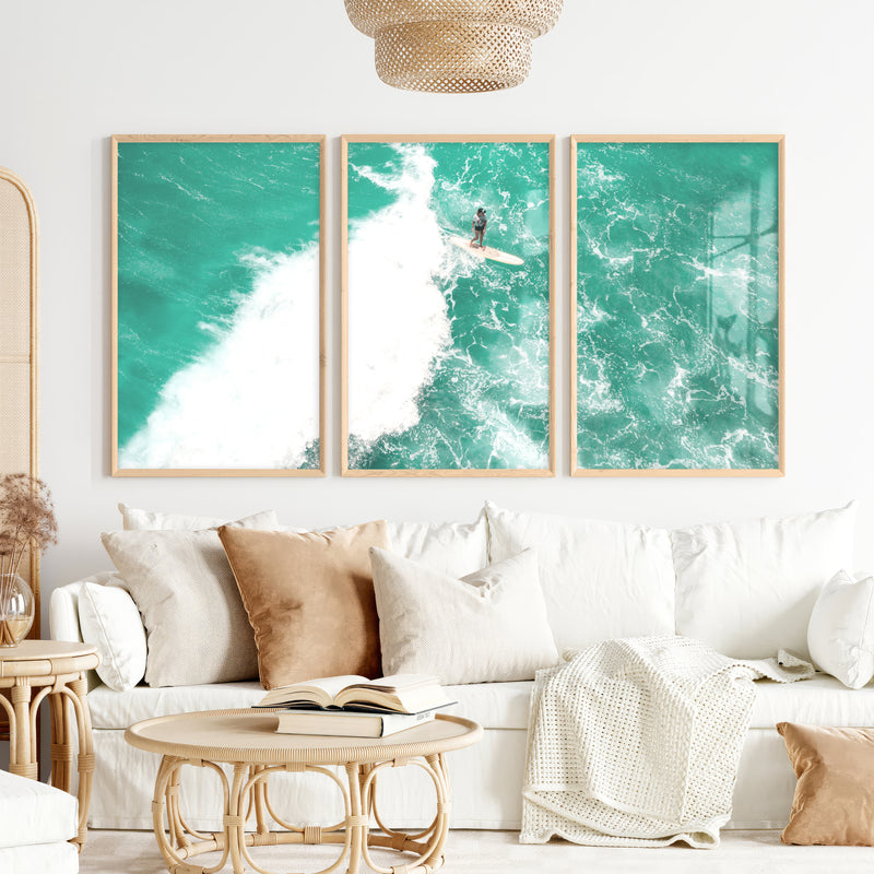 Turquoise Surf Break nautical wall accents - Natural Wood Framed Poster No Border - Artworksets
