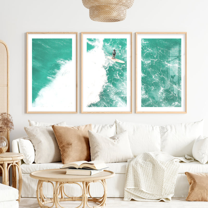 Turquoise Surf Break nautical wall accents- Natural Wood Framed Poster with White Border - Artworksets