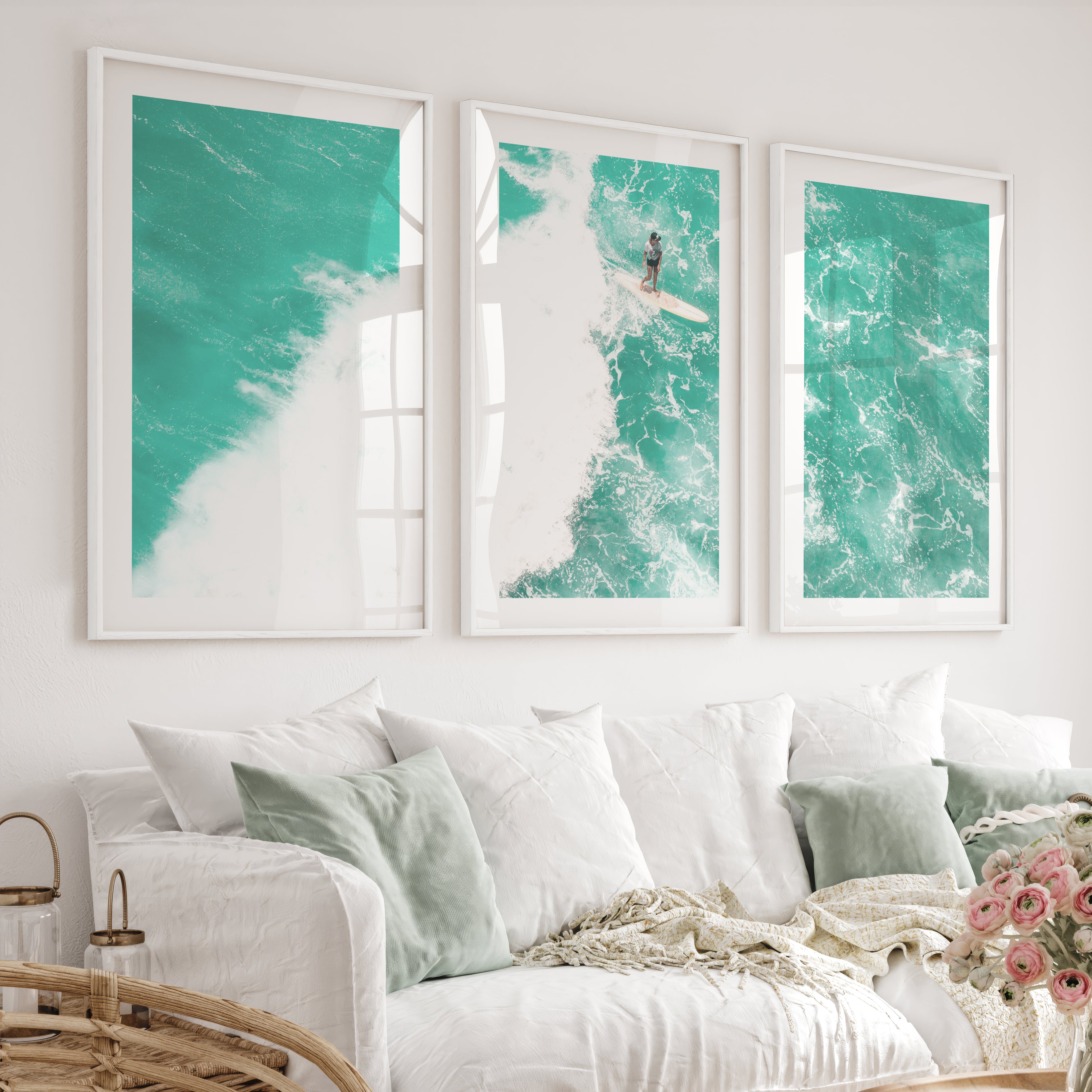 Turquoise Surf Break nautical wall accents - White Framed Poster with White Border - Artworksets