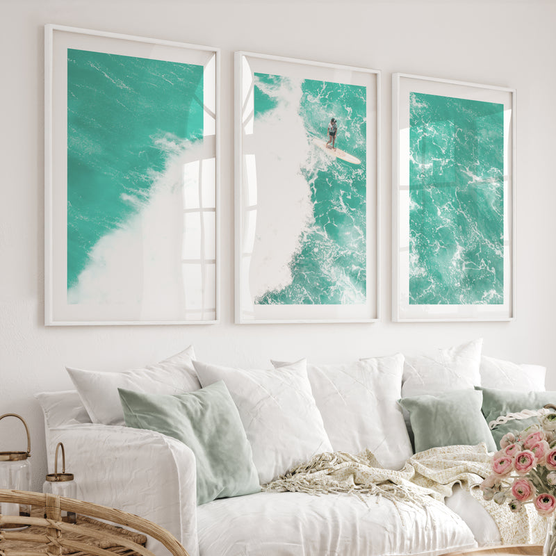 Turquoise Surf Break nautical wall accents - White Framed Poster with White Border - Artworksets