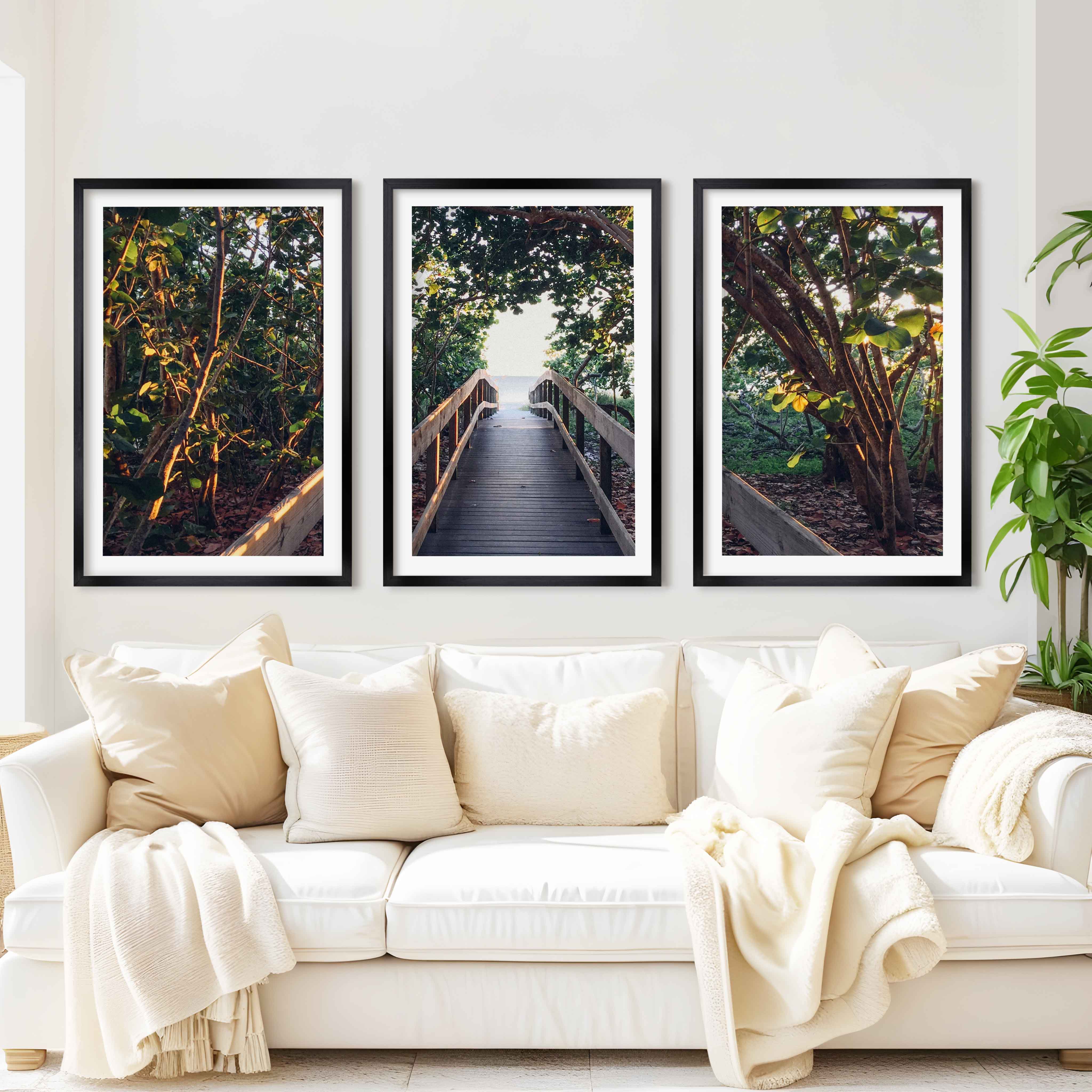 Nautical Wall Art Decor – Wooden Walkway to the Beach - Black Framed Poster with White Border - Artworksets