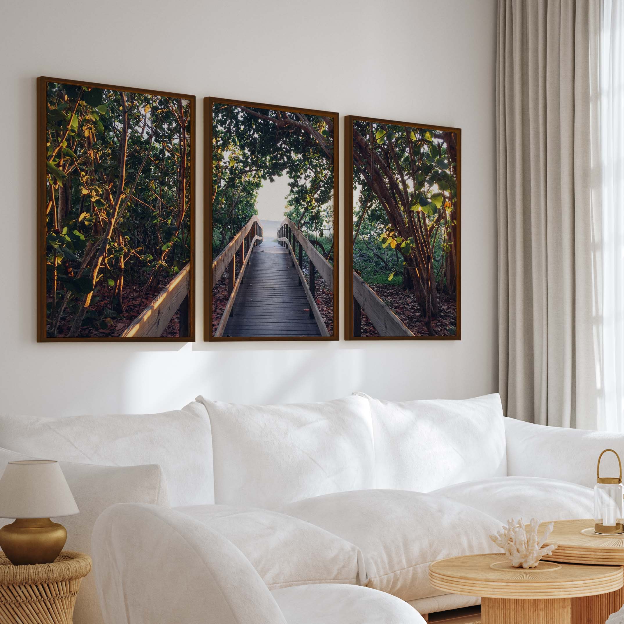 Nautical Wall Art Decor – Wooden Walkway to the Beach - Dark Brown Framed Poster No Border - Artworksets