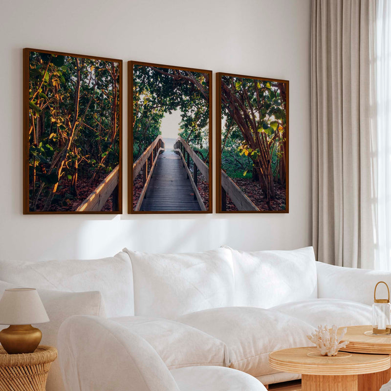 Nautical Wall Art Decor – Wooden Walkway to the Beach - Dark Brown Framed Poster No Border - Artworksets