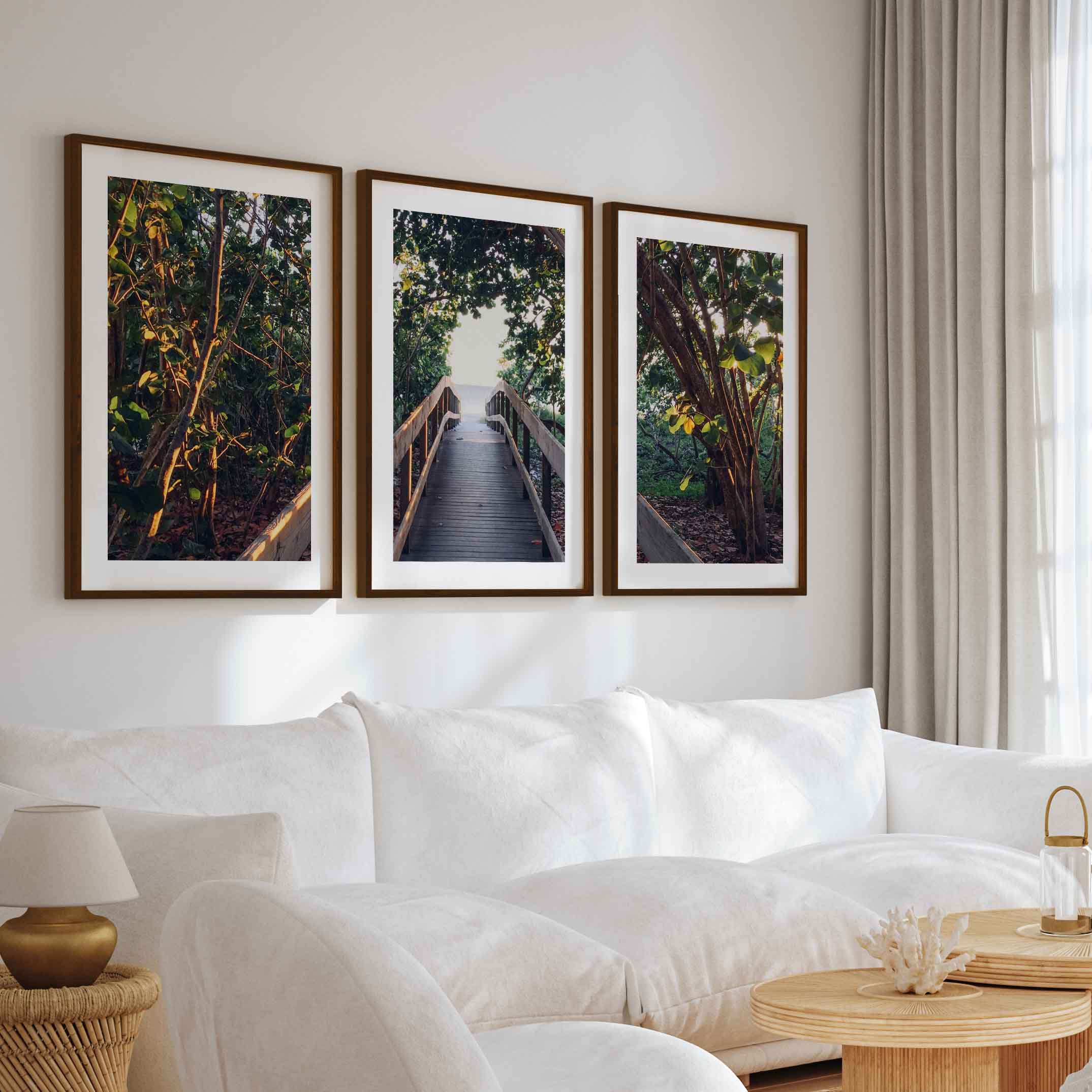 Nautical Wall Art Decor – Wooden Walkway to the Beach - Dark Brown Framed Poster with White Border - Artworksets